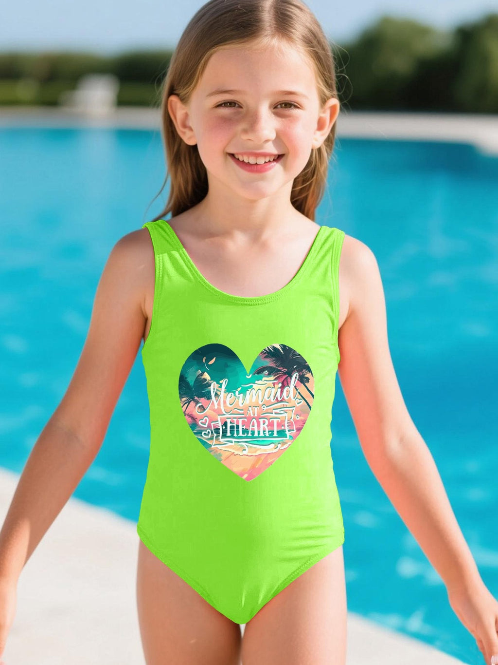 Mermaid at Heart Girls' Summer One-Piece Swimsuit (Front Printing)