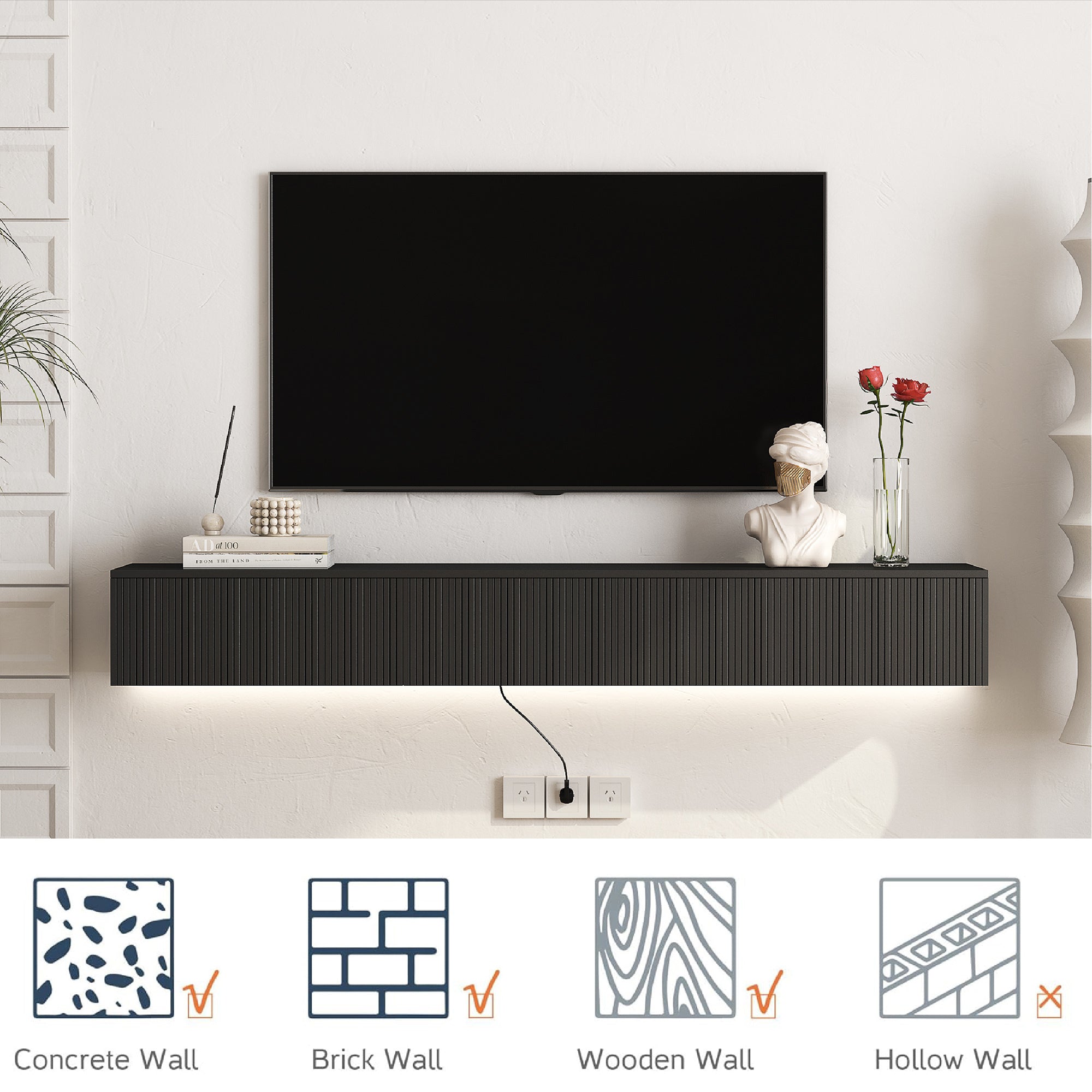 Floating TV Stand Wall Mounted with 16 Color LEDs,69' Modern TV Stand, Floating TV Cabinet Entertainment Center for 55 60 65 Inch TV,Black