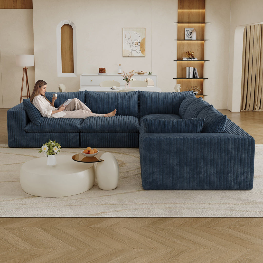 118.2' Cloud Sofa,Corduroy Fabric,Deep Seat Couches,Double-layer design,Removable Cushion,No Assembly, DIY Combination for Living room, Bedroom,Conference room ,Apartment,Blue