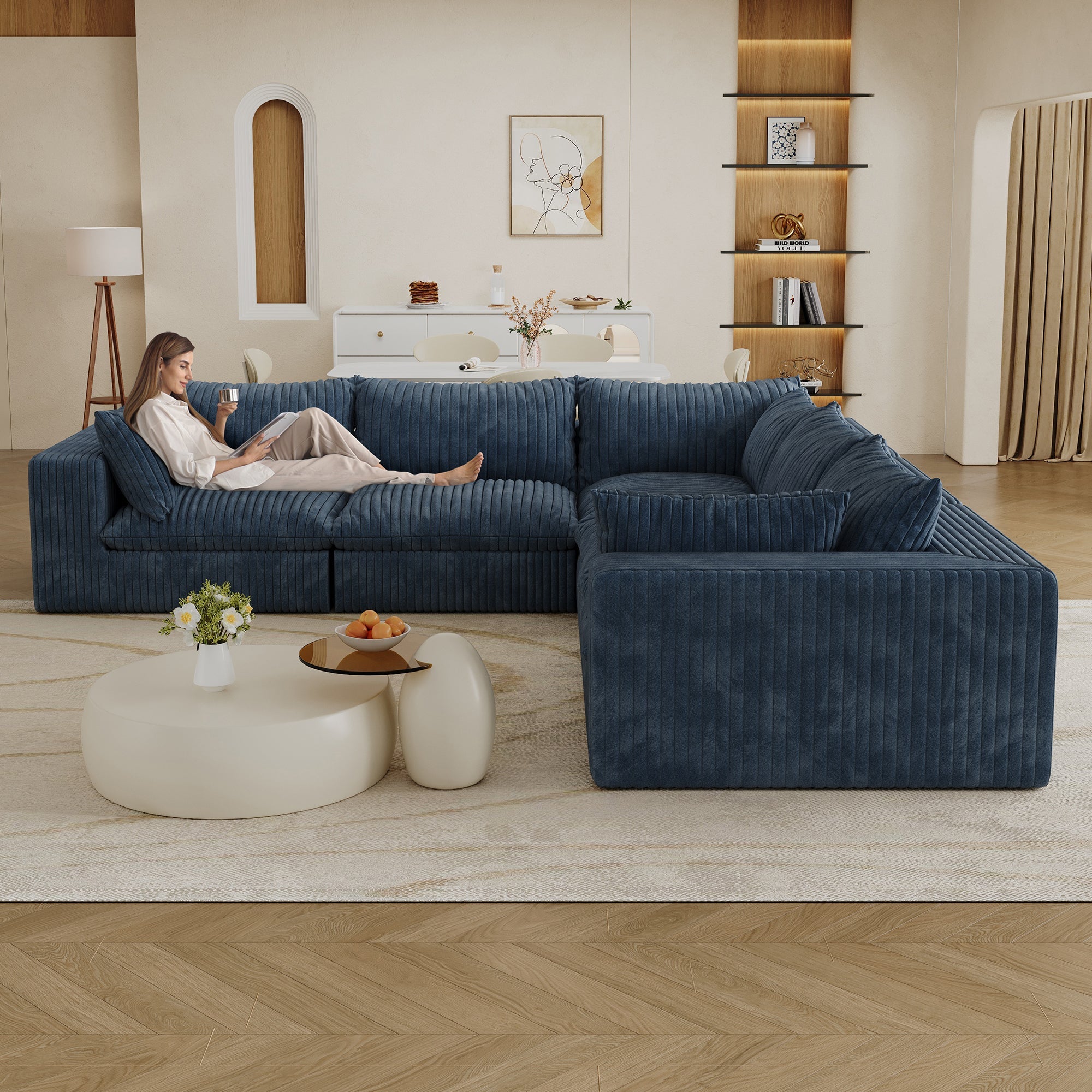 118.2' Cloud Sofa,Corduroy Fabric,Deep Seat Couches,Double-layer design,Removable Cushion,No Assembly, DIY Combination for Living room, Bedroom,Conference room ,Apartment,Blue