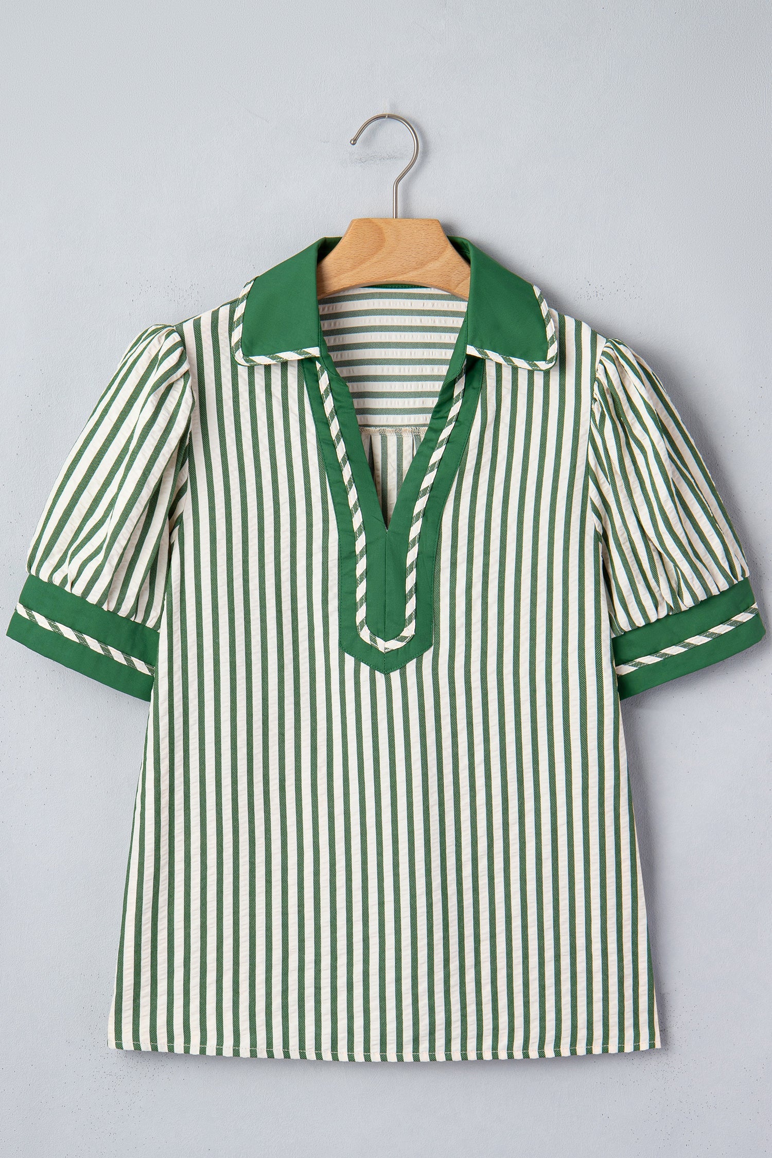 Stripe Collared V-Neck Bubble Sleeve Blouse