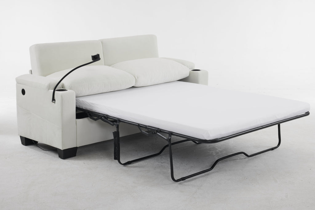 Pull-out sofa bed, chenille material, pull-out queen sofa bed, with USB charging, mobile phone holder, memory sofa, removable and washable cushions, suitable for living room, bedroom, apartment, white