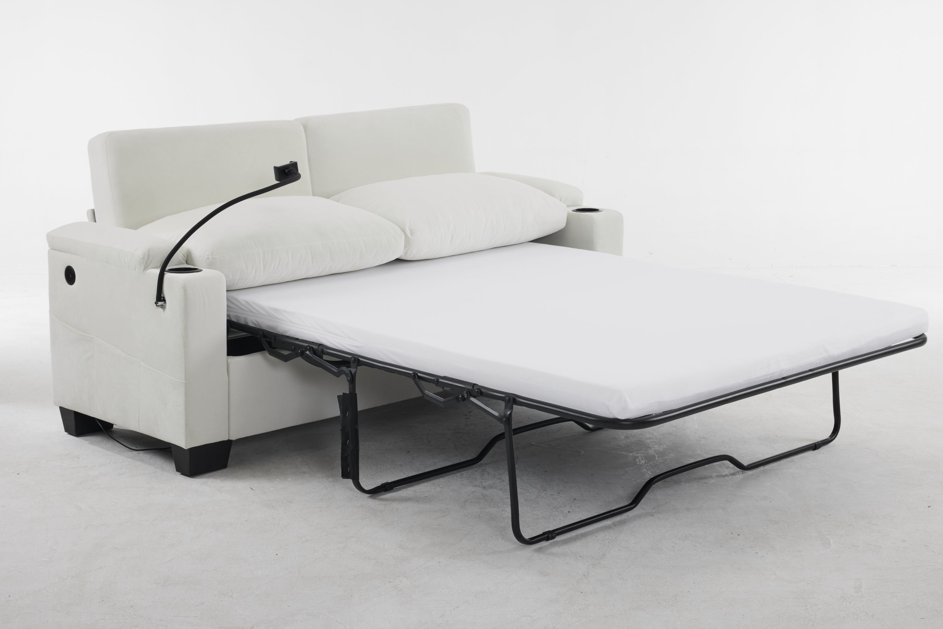 Pull-out sofa bed, chenille material, pull-out queen sofa bed, with USB charging, mobile phone holder, memory sofa, removable and washable cushions, suitable for living room, bedroom, apartment, white