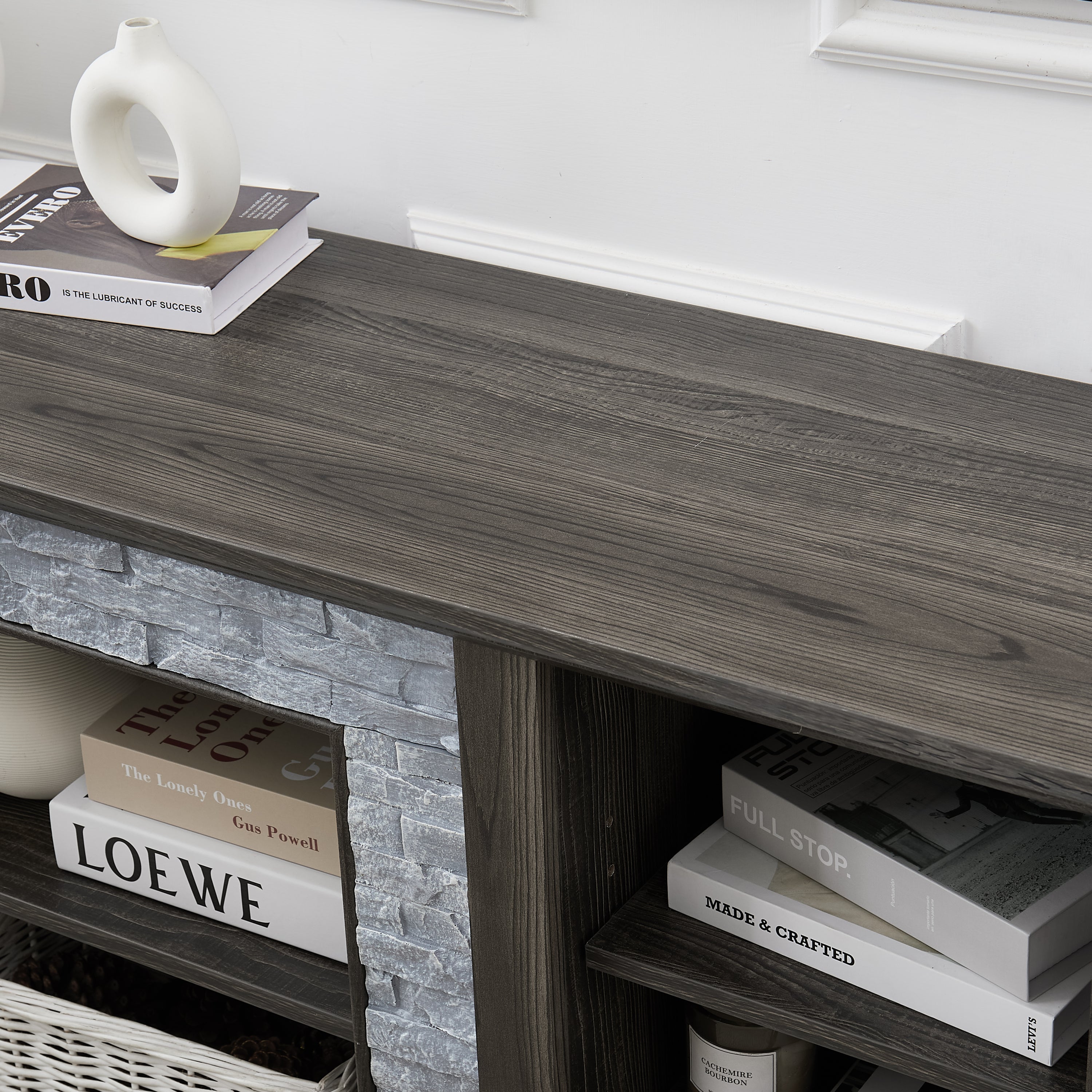 Mantel Stone TV Media Stand with with Faux Stacked Stone Surround, Modern Entertainment Console with Open Storage Space,Grey, 58.31'W*15.39'D*26.06'H