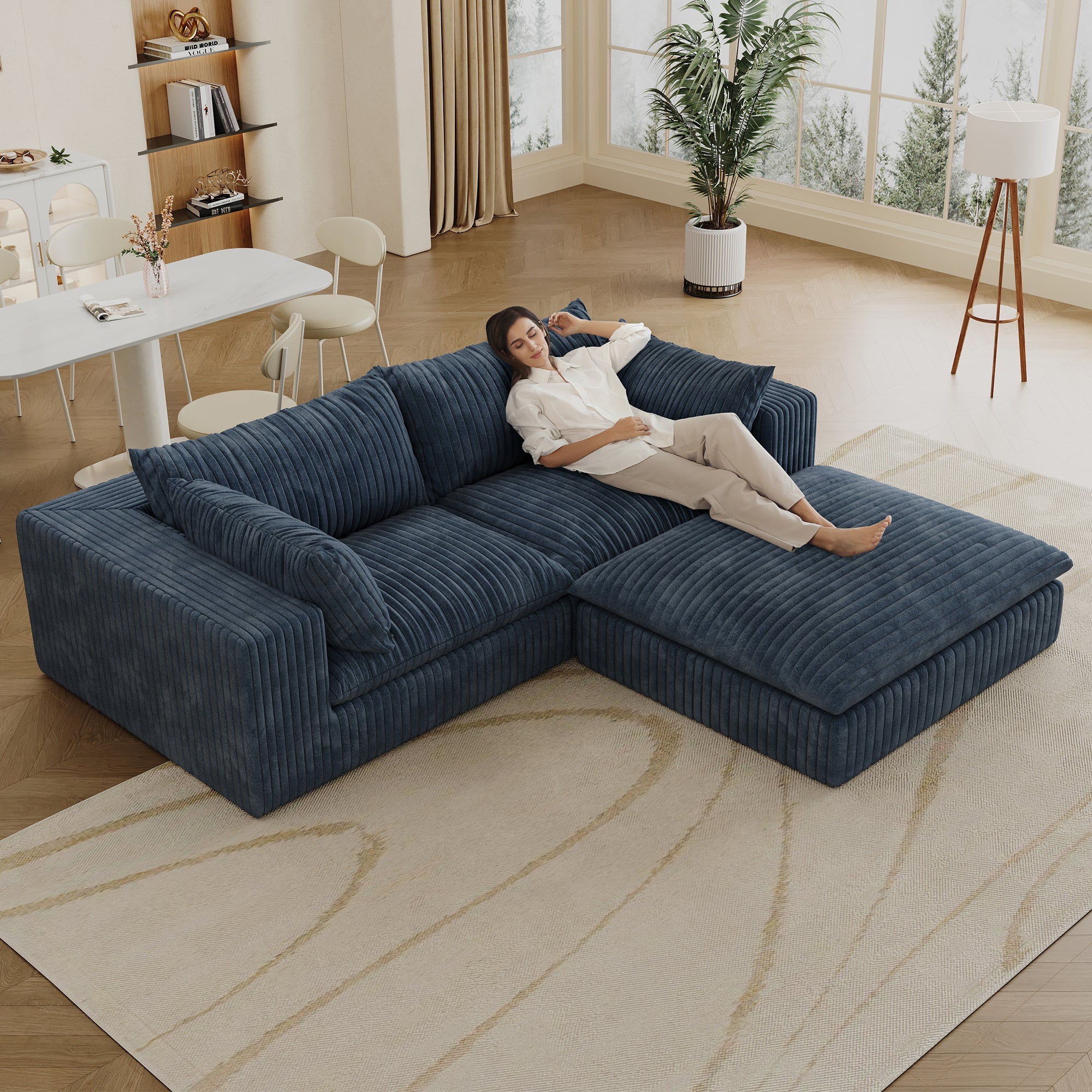 39.8' Cloud Sofa,Corduroy Fabric,Deep Seat Couches,Double-layer design,Removable  Cushion,No Assembly, DIY Combination for Living room, Bedroom,Conference room ,Apartment,Blue