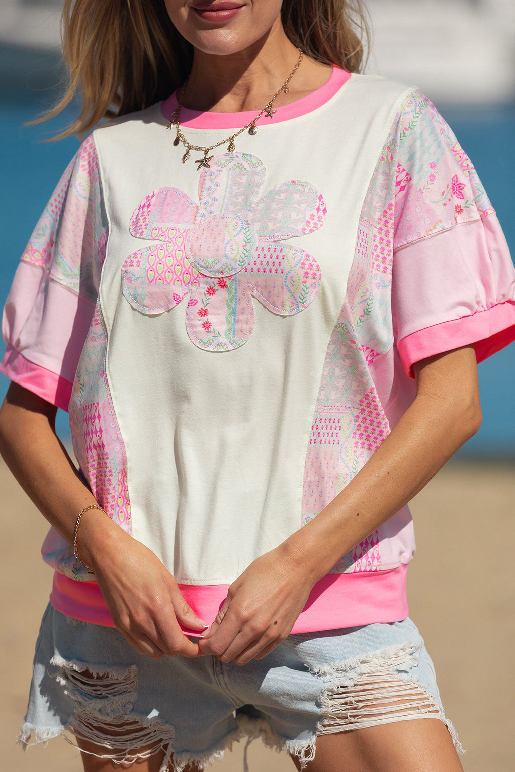 Floral Colorblock Patchwork Short Sleeve Top