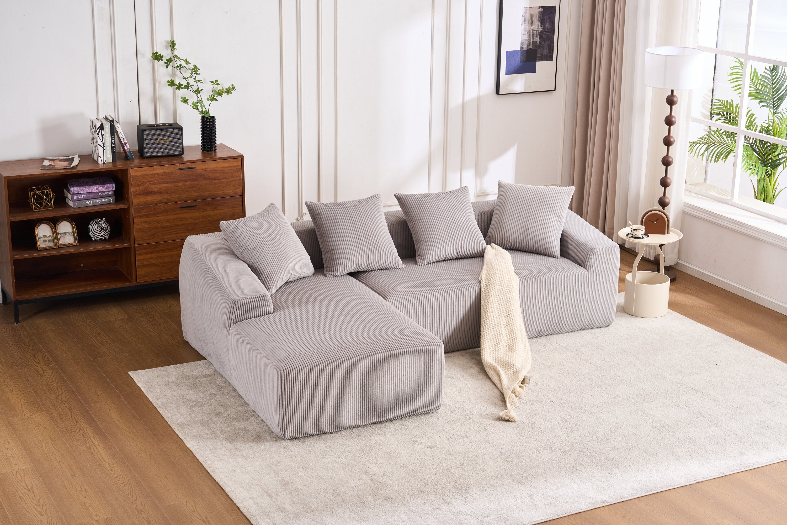 LY-023 LIGHT GREY COMPRESSION SOFA: Combining chaise longue with 3-seater, Corduroy Fabric, full sponge compression sofa,combined sofa with 4 pillows for living/ Home Furniture/ Apartment