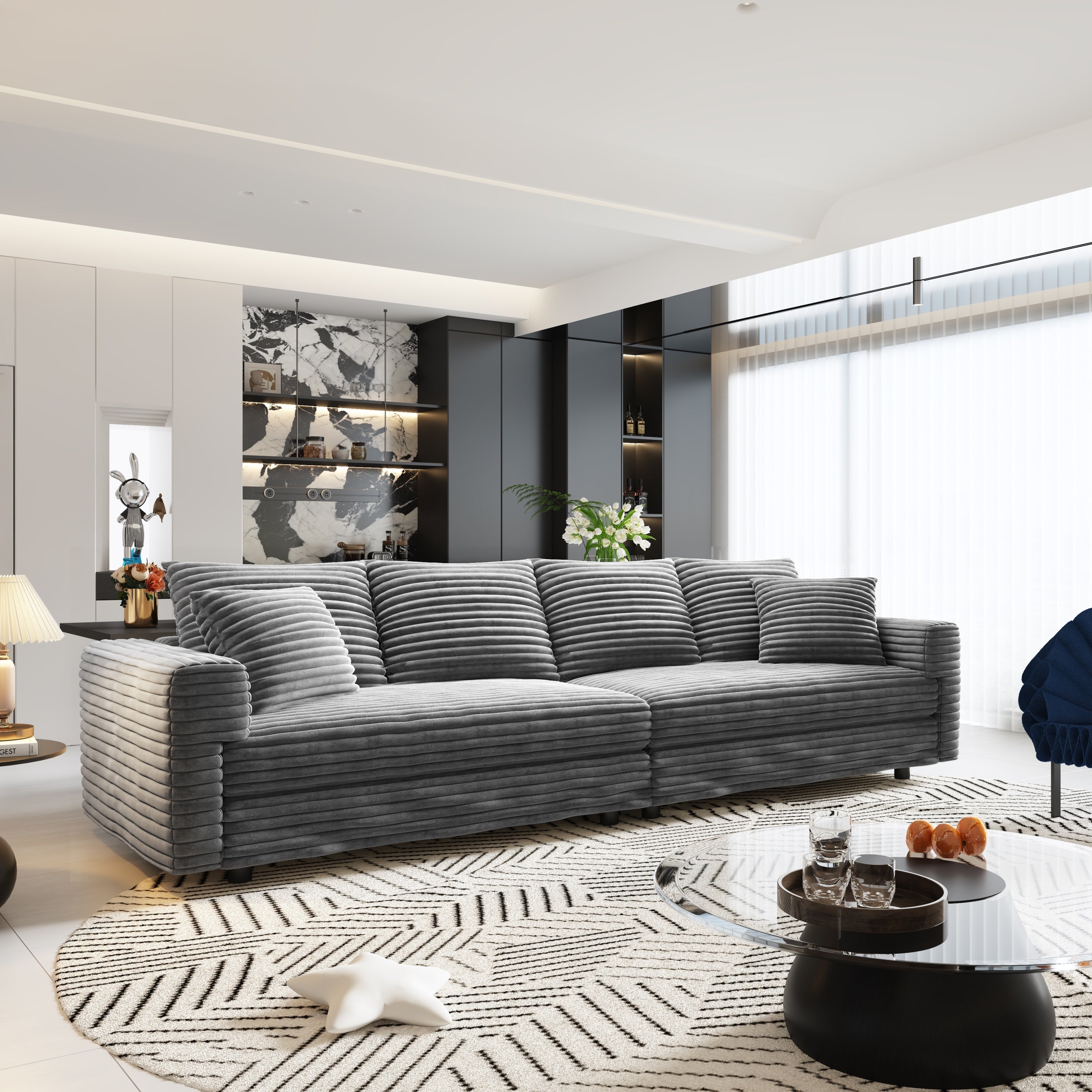 104.3 ' Plush Corduroy 4-Seat Sofa, Modern Comfy Upholstered Sofa Cloud Couch, Deep Seat Couches with Soft Pillows and 2 Ottomans, Convertible Sofa Lounge Chair, for Living Room,Apartment,Office,Grey