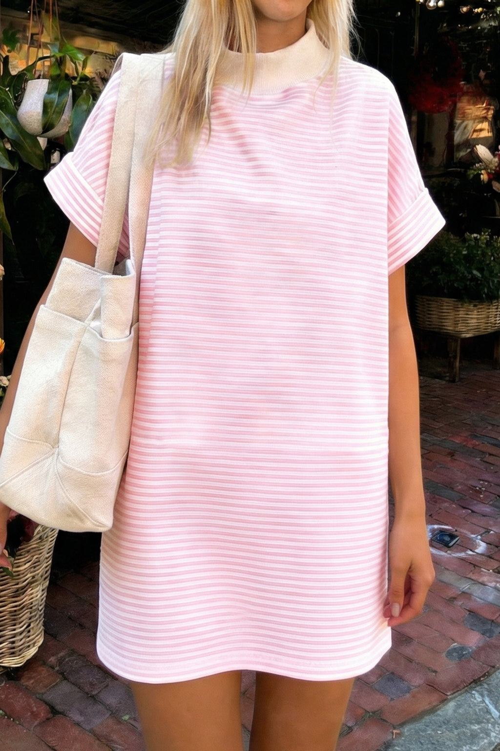 Stripe Mock Neck Cuffed Sleeve Tee Dress