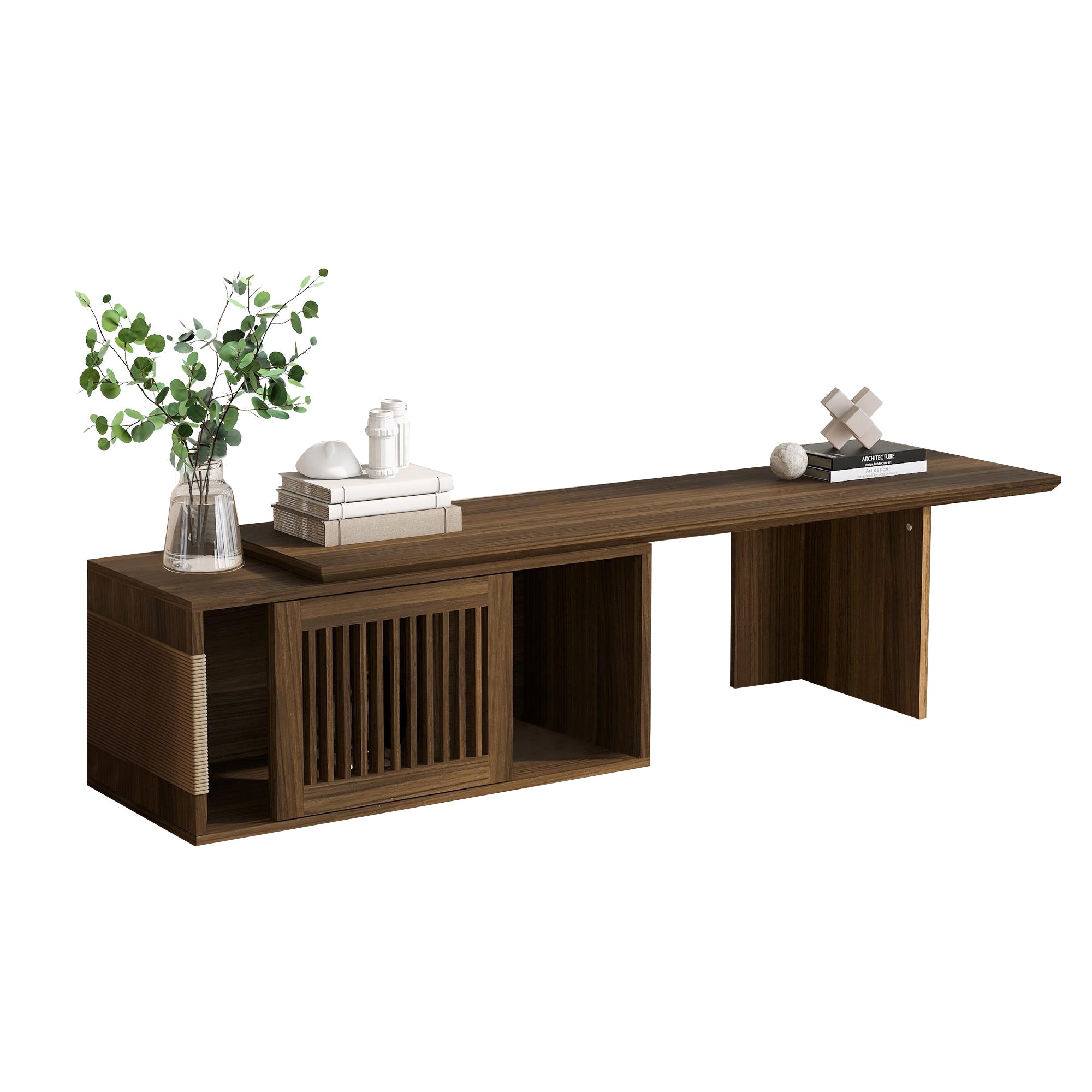 Mid-Century Modern 2 in 1 Cat Furniture Walnut TV Stand With Extendable table,  Litter Box Enclosure with Cat Scratcher