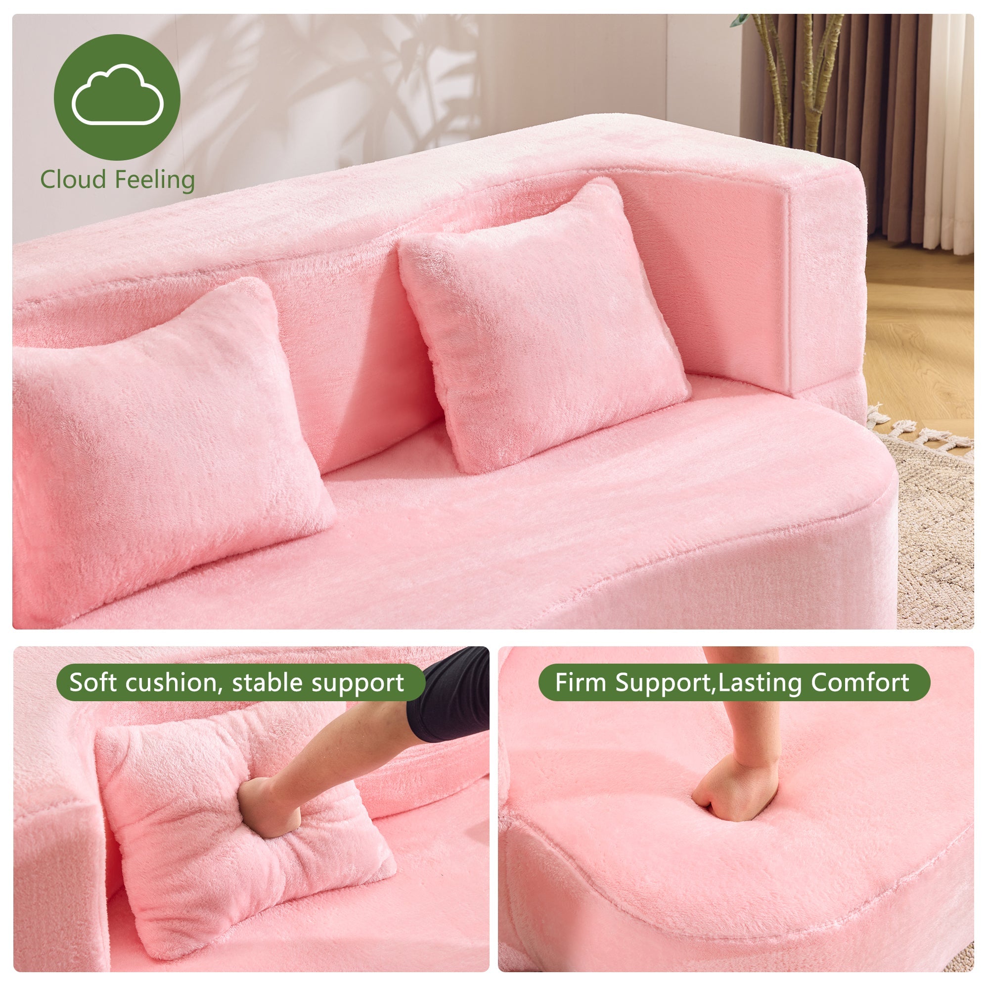 71-inch folding sofa bed, chenille futon sofa bed, high-density foam convertible sofa bed, folding floor sofa bed for living room, guest room, bedroom, pink