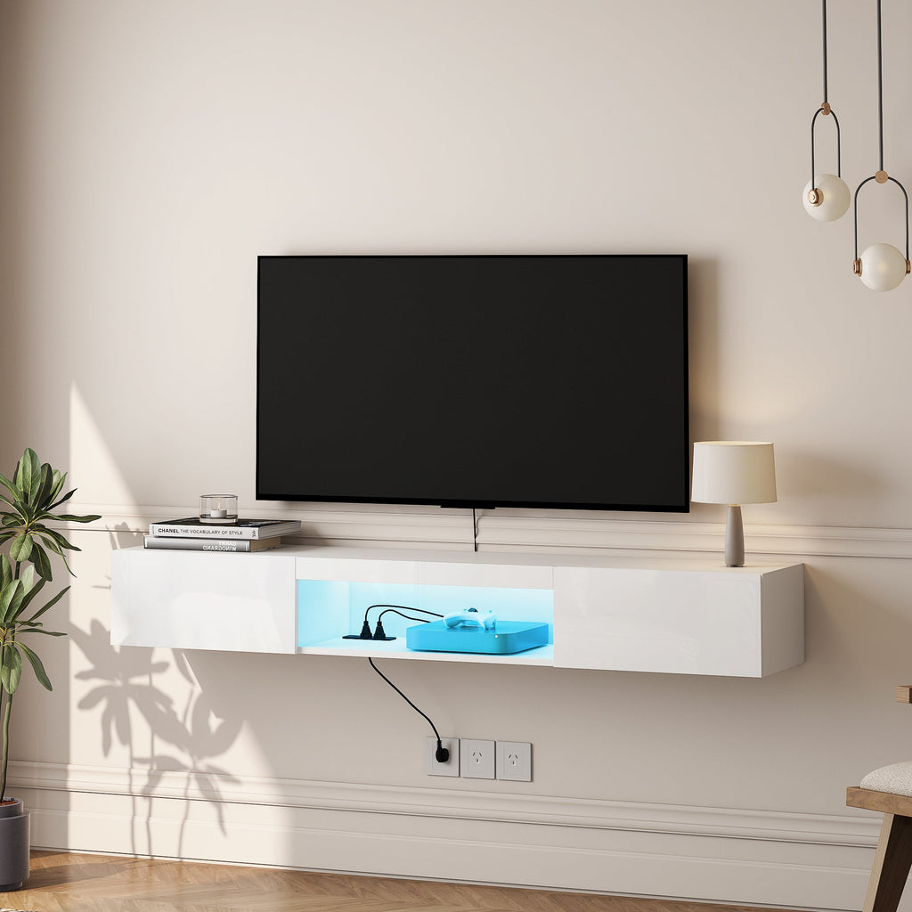 Floating TV Stand Wall Mounted with 16 Color LEDs,63' Modern TV Stand,Floating TV Cabinet Entertainment Center for 55 60 65 Inch TV,White