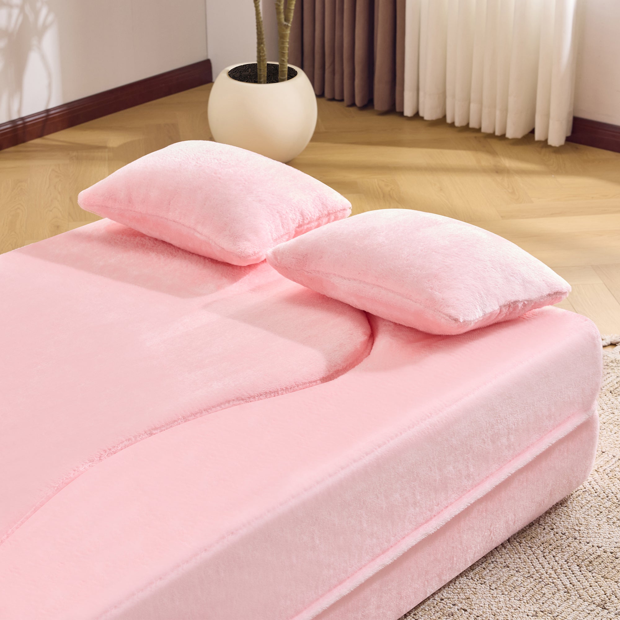 71-inch folding sofa bed, chenille futon sofa bed, high-density foam convertible sofa bed, folding floor sofa bed for living room, guest room, bedroom, pink