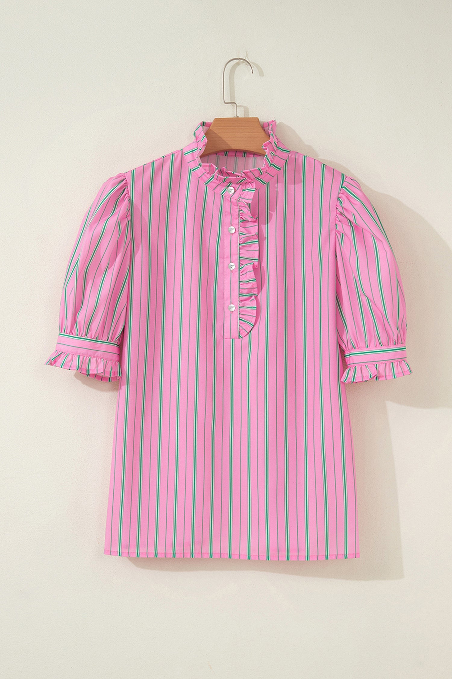 Stripe Ruffle Trim Half Button Puff Sleeve Blouse