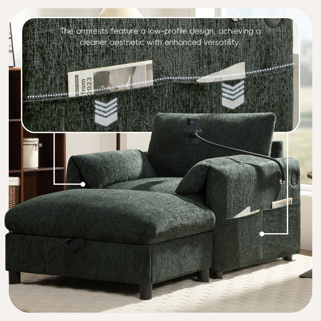 38' Single Sofa with Storage Ottoman, Adjustable Phone Holder, USB Charger, Side Storage Pockets, Pillow-Like Armrests, Wide Seat Chaise Lounge for Living Room&Apartment, Chenille, 4 Colors