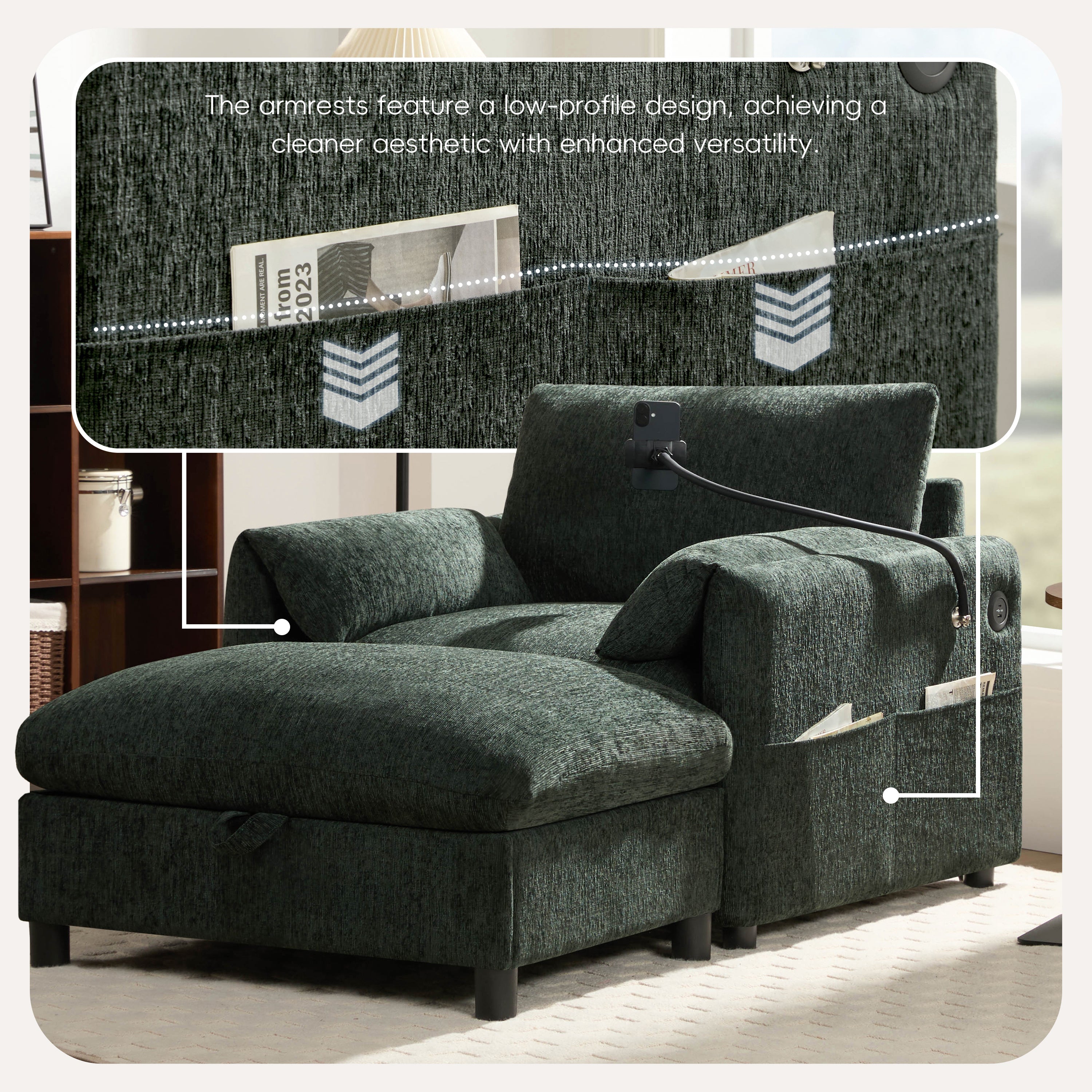 38' Single Sofa with Storage Ottoman, Adjustable Phone Holder, USB Charger, Side Storage Pockets, Pillow-Like Armrests, Wide Seat Chaise Lounge for Living Room&Apartment, Chenille, 4 Colors