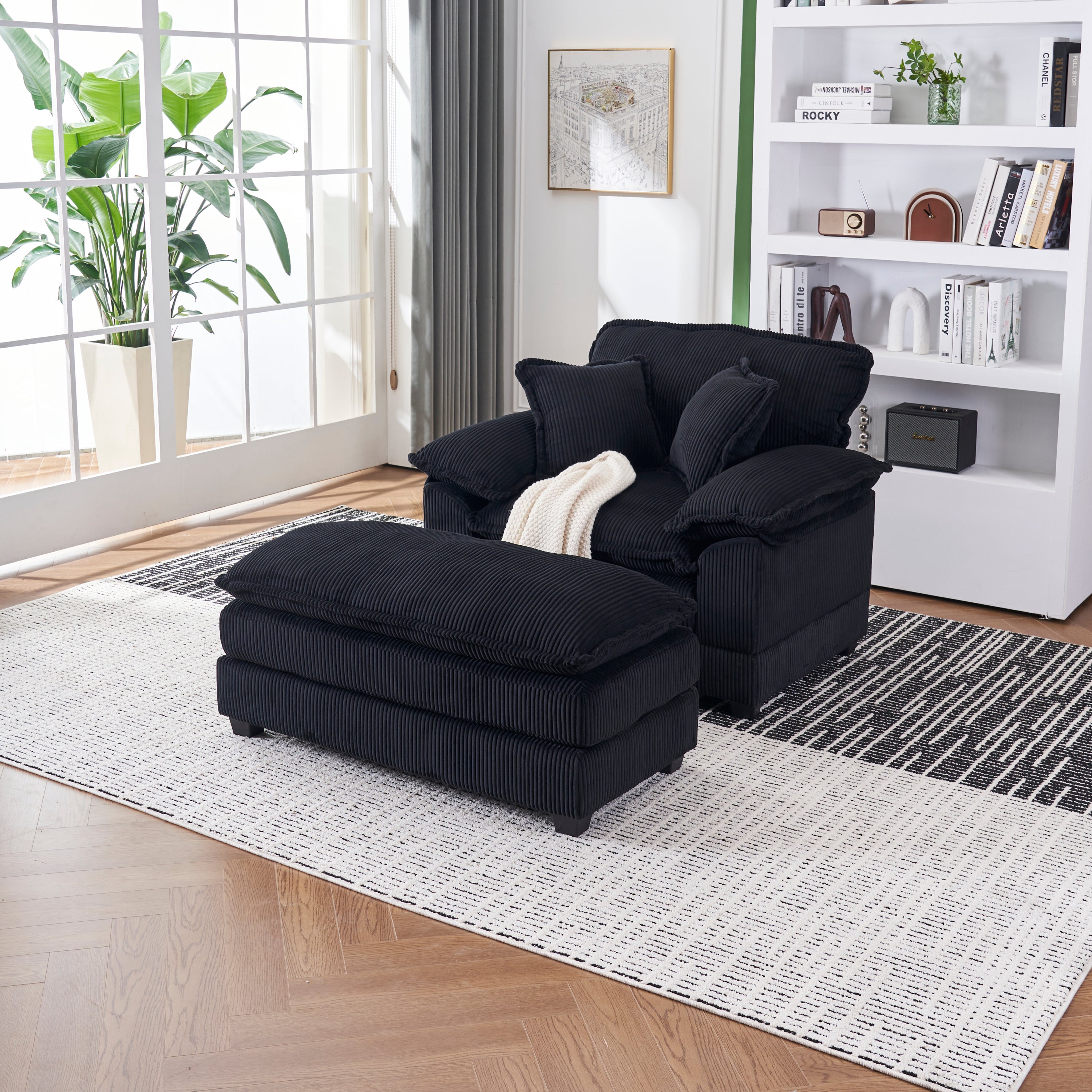 56.3 Inch Corduroy single sofa With  2 toss pillows and a ottoman ,Comfy Sofa- Deep Seat Couch for Living Room