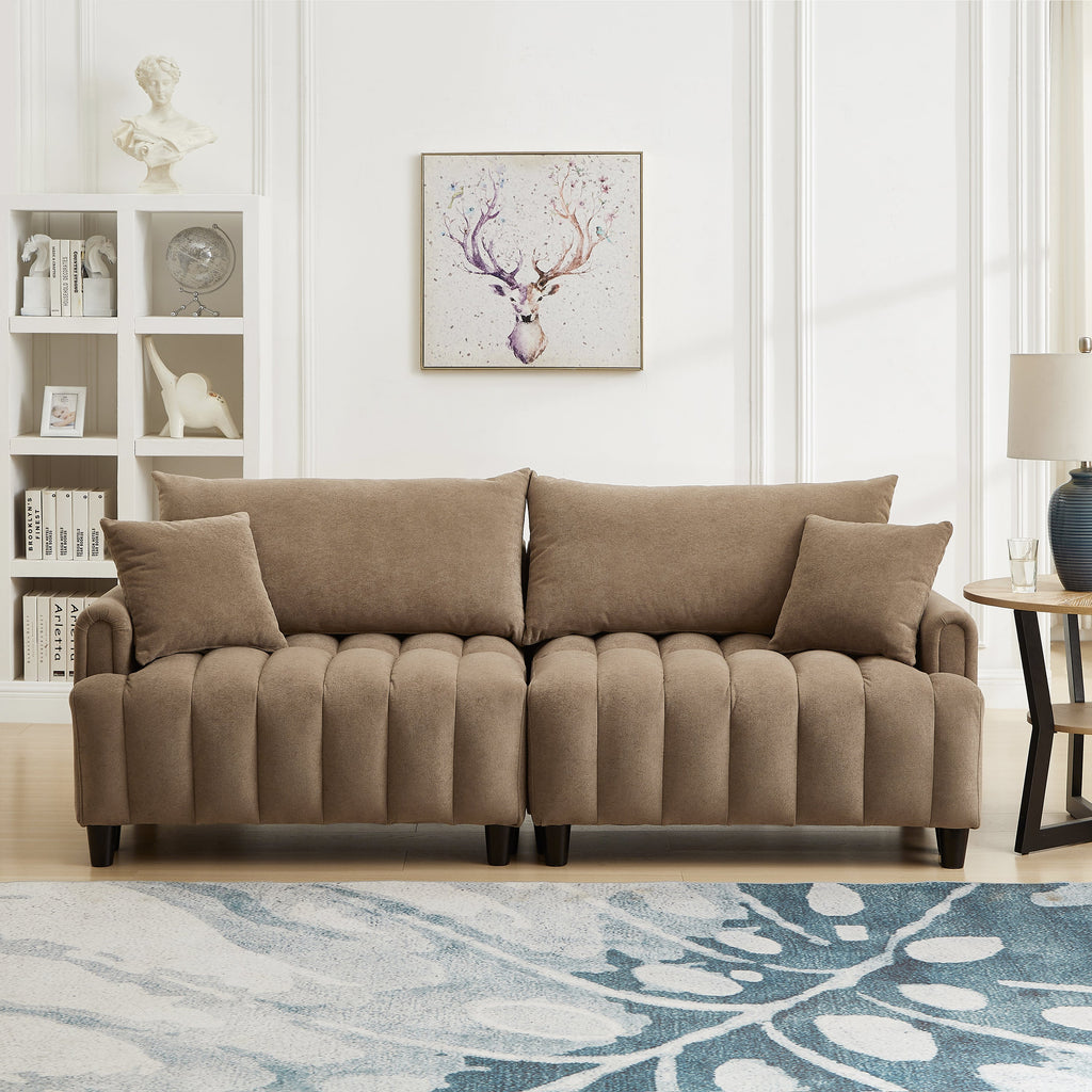 83''  Futon Sofa Bed, Polyester Fabric Comfy Futon Couch Bed with 2 Square Pillows, Convertible Sleeper Sofa with Adjustable Backrest,  Modern Loveseat Sleeper for Living Room, Brown