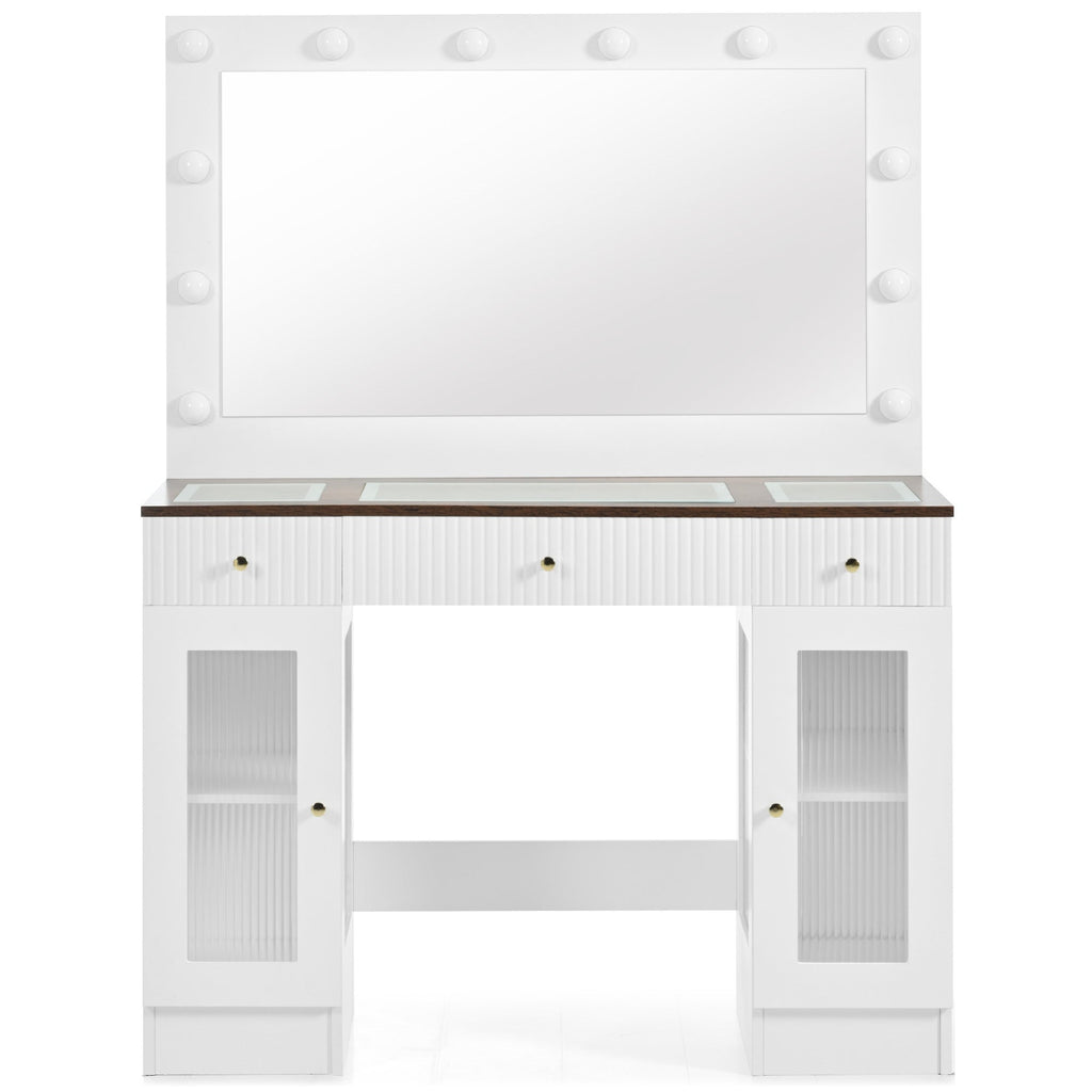 43.3' Vanity Desk with Large Mirror and Hollywood Bulbs, Modern Glass Top Makeup Vanity with Drawers and Power Outlet, Large Dressing Table with 3 Color Lighting Modes & RGB Cabinets for Bedroom