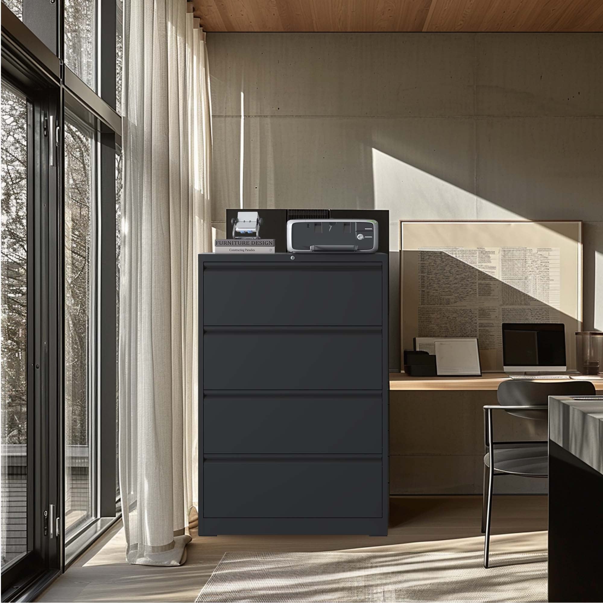 Modern Black 4-Drawer Lateral File Cabinet with Lock, Metal Filing Cabinet for Legal/Letter/A4/F4