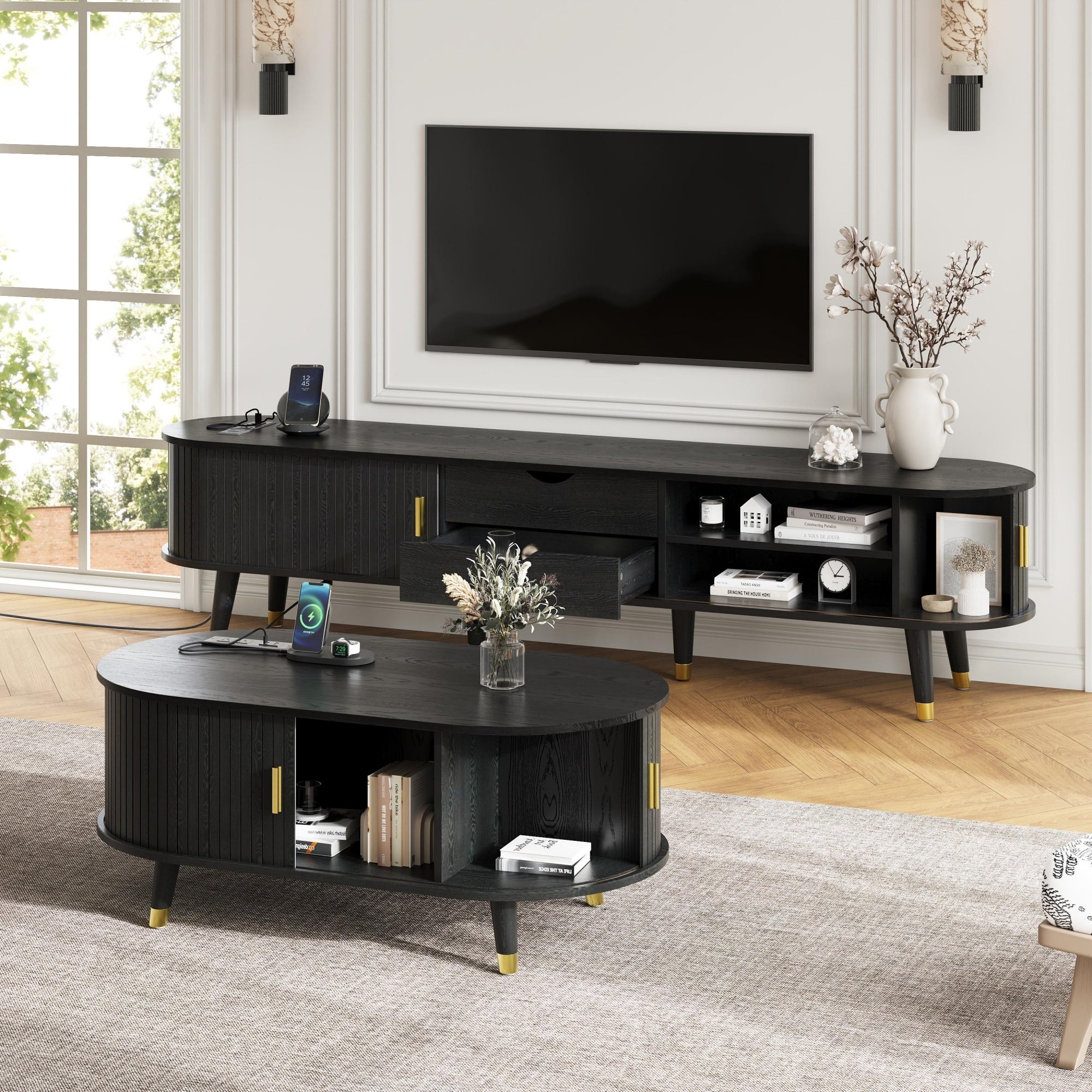 Wooden Farmhouse TV Stand & Coffee Table Set with Charging Station, Oval Fluted Media Console with Sliding Doors for TVs up to 80', Mid-Century Center Table with Solid Wood Legs for Living Room,Black