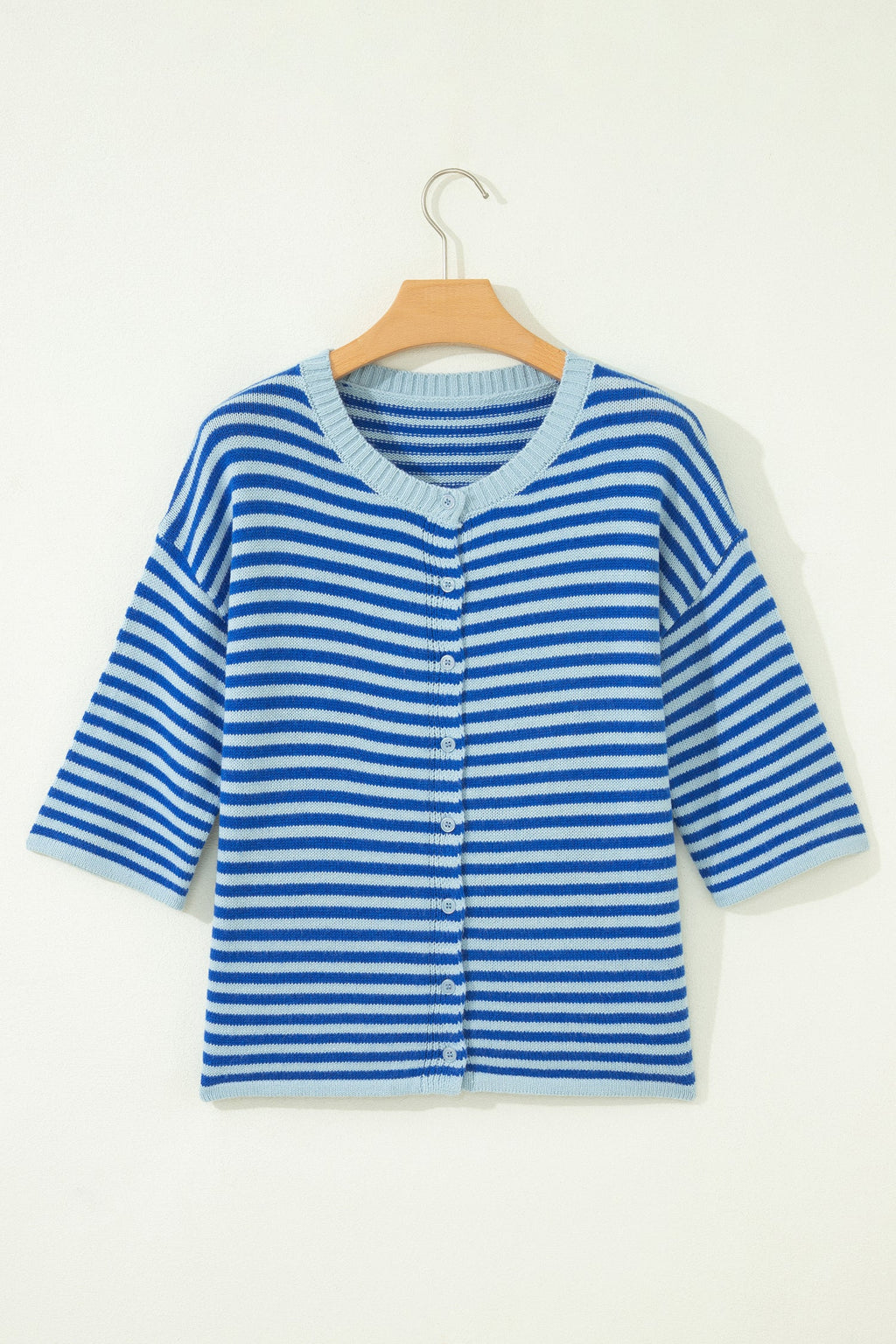 Stripe 3/4 Sleeve Button Down Knit Cardigan
