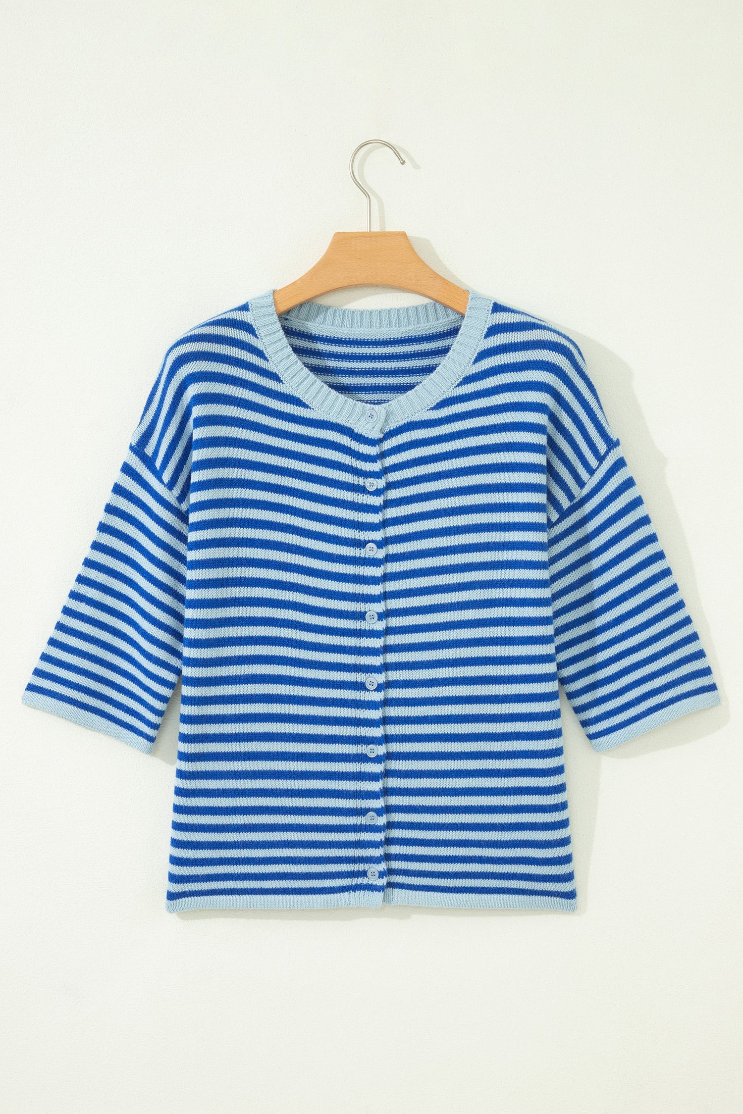 Stripe 3/4 Sleeve Button Down Knit Cardigan