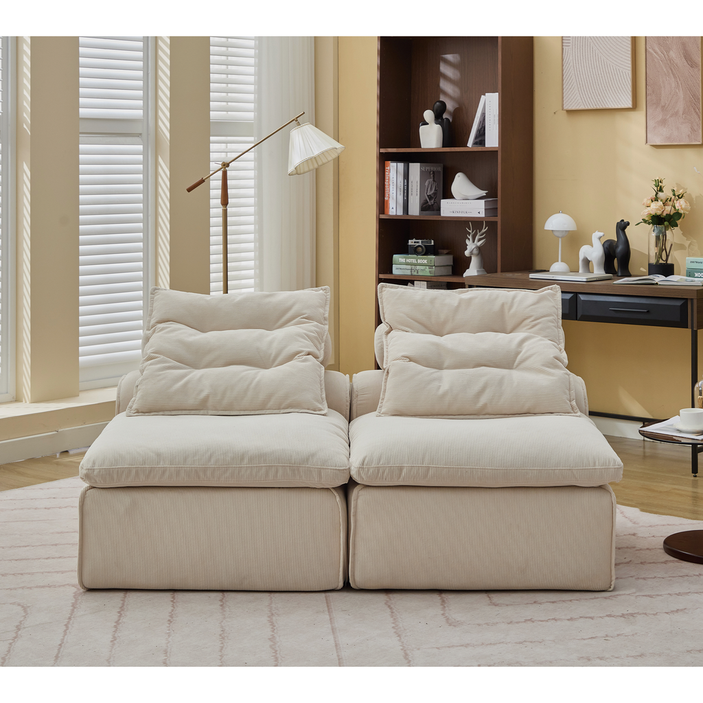 [NEW ARRIVED] [VIDEO PROVIDED]Modular Sofa,No Armrests,At will DIY,Soft Corduroy Fabric,Neck Pillow-Back Lounge Sofa Chair,Reading Nook, or Apartment Living, Lumbar Pillow,2 Seats,Upholstered,Beige