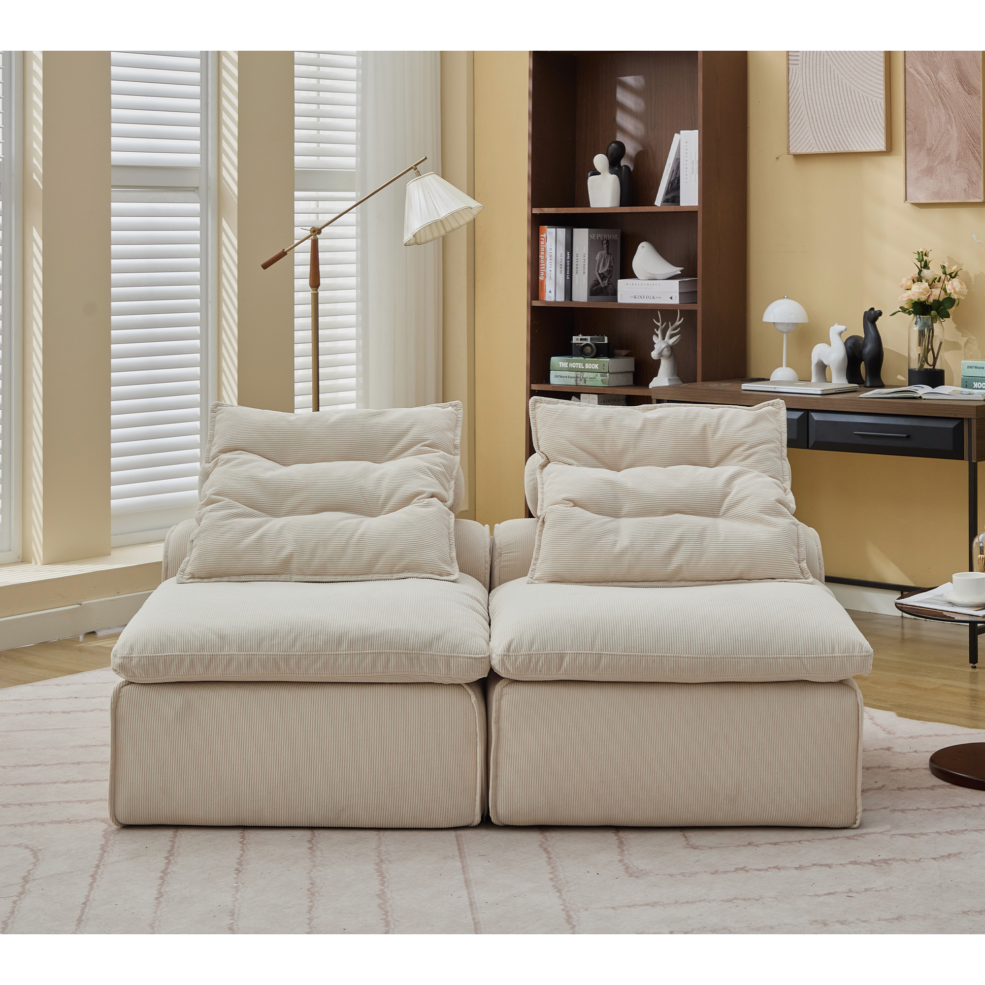 [NEW ARRIVED] [VIDEO PROVIDED]Modular Sofa,No Armrests,At will DIY,Soft Corduroy Fabric,Neck Pillow-Back Lounge Sofa Chair,Reading Nook, or Apartment Living, Lumbar Pillow,2 Seats,Upholstered,Beige
