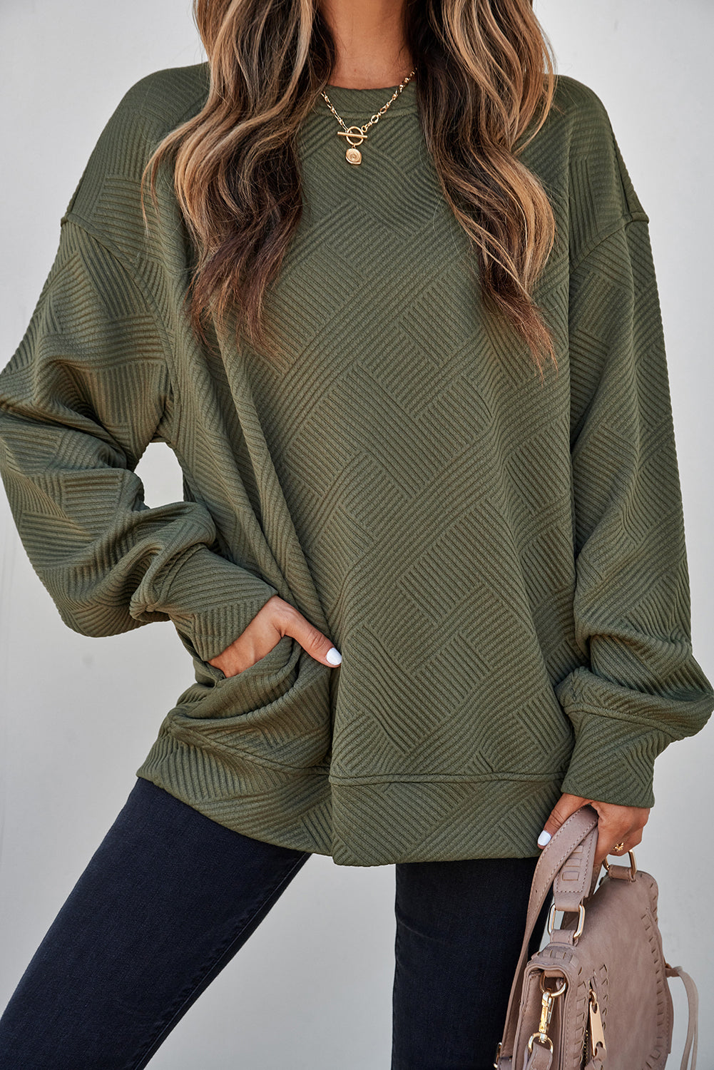 Solid Textured Round Neck Drop Shoulder Sweatshirt