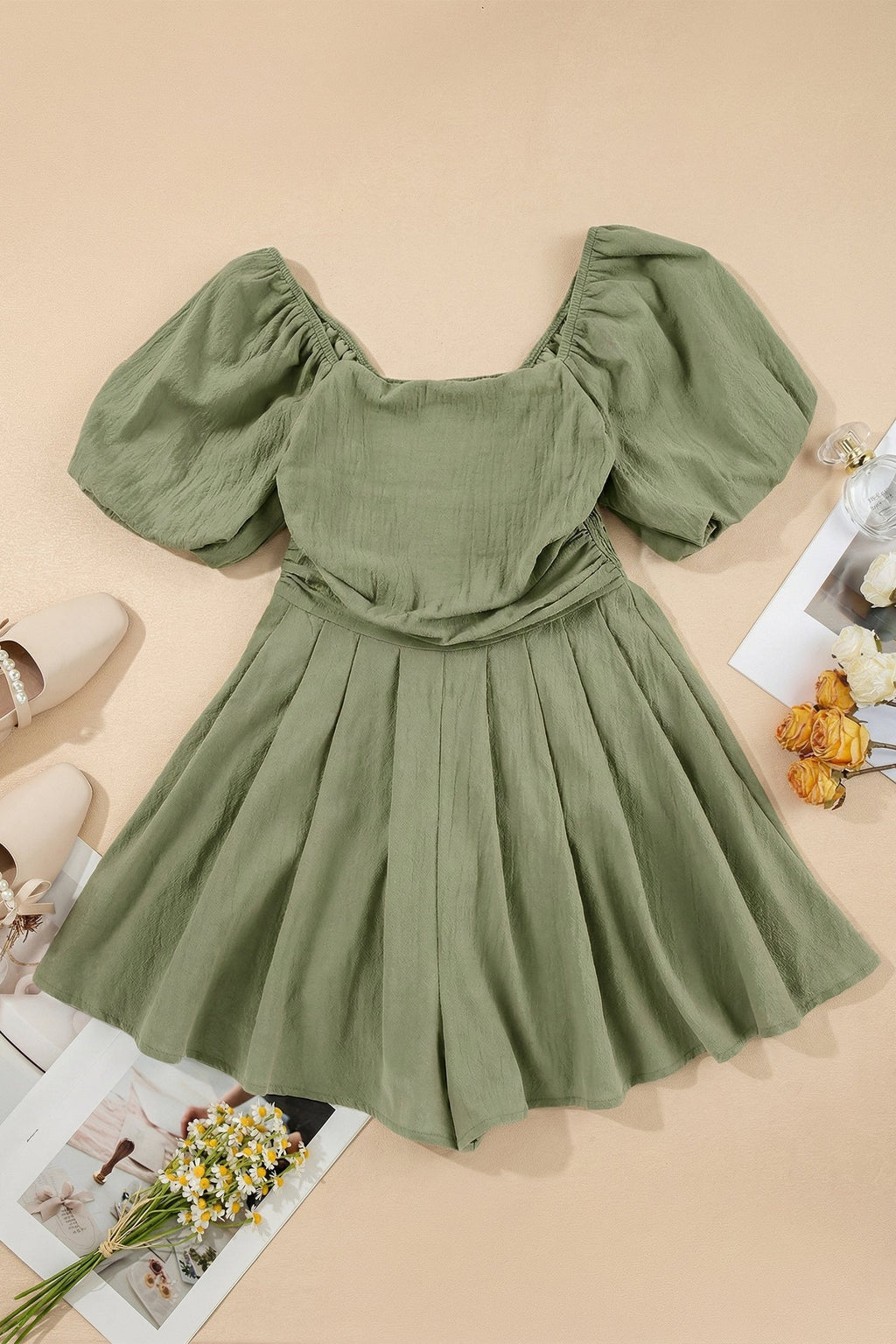 Solid Square Neck Ruched Puff Sleeve Romper