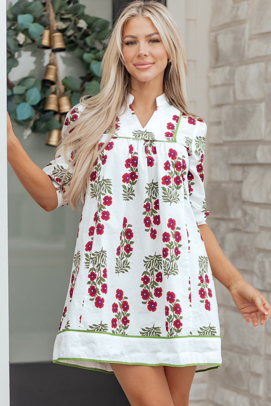 Floral Notched V-Neck 3/4 Sleeve Dress