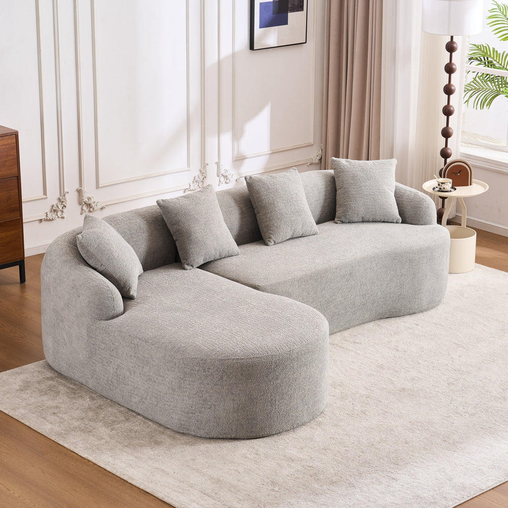 Boneless L-Shape Sectional Sofa with Curved Chaise,Grey Modular Chenille Compression Couch,30D High-Density Foam,Minimalist Modular Couches Sleeper for Living Room Bedroom Apartment Lounge.