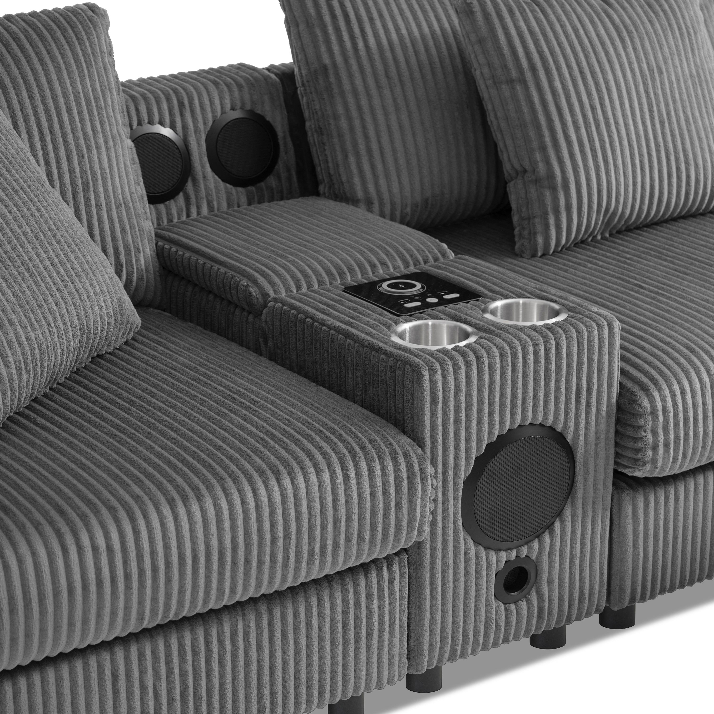 Modular Corduroy Sectional Sofa with Bluetooth Speakers, USB Charger, Cup Holders, Storage, and Ottoman in Dark Gray