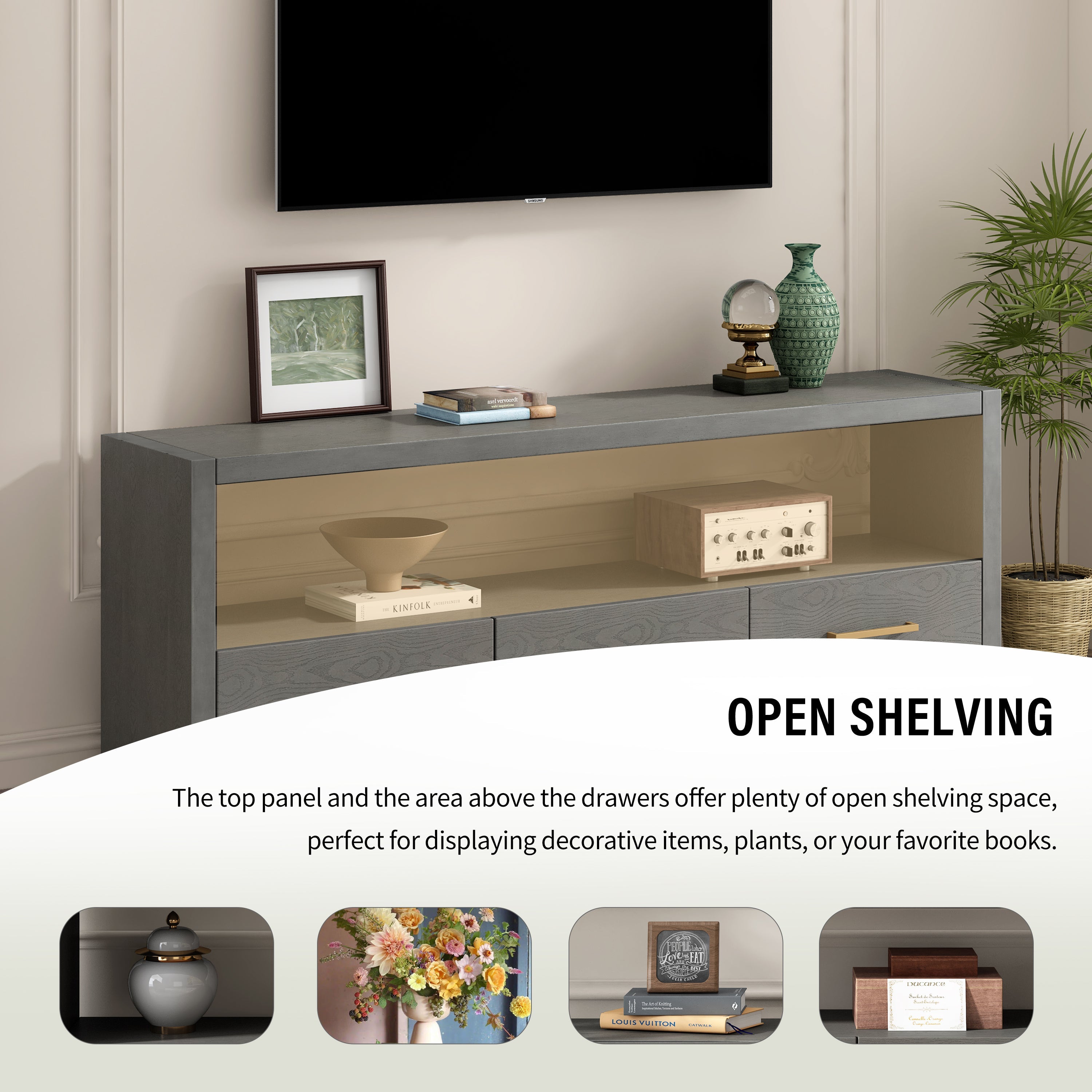 Mirod Stylish TV Stand with Ample Storage,Classic Design with Three Drawers and Spacious Surface,Minimalist Metal Handles,Versatile as TV Console or Side Cabinet