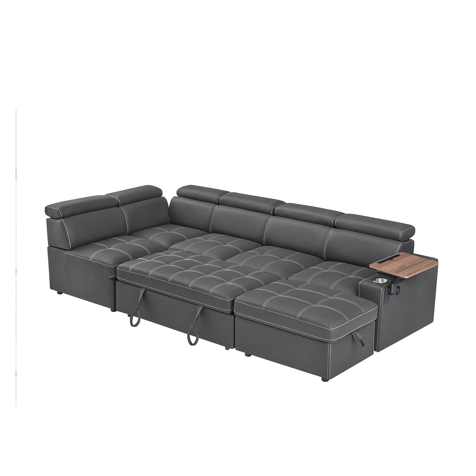 Grey Fabric Sectional Sofa with Storage Ottoman