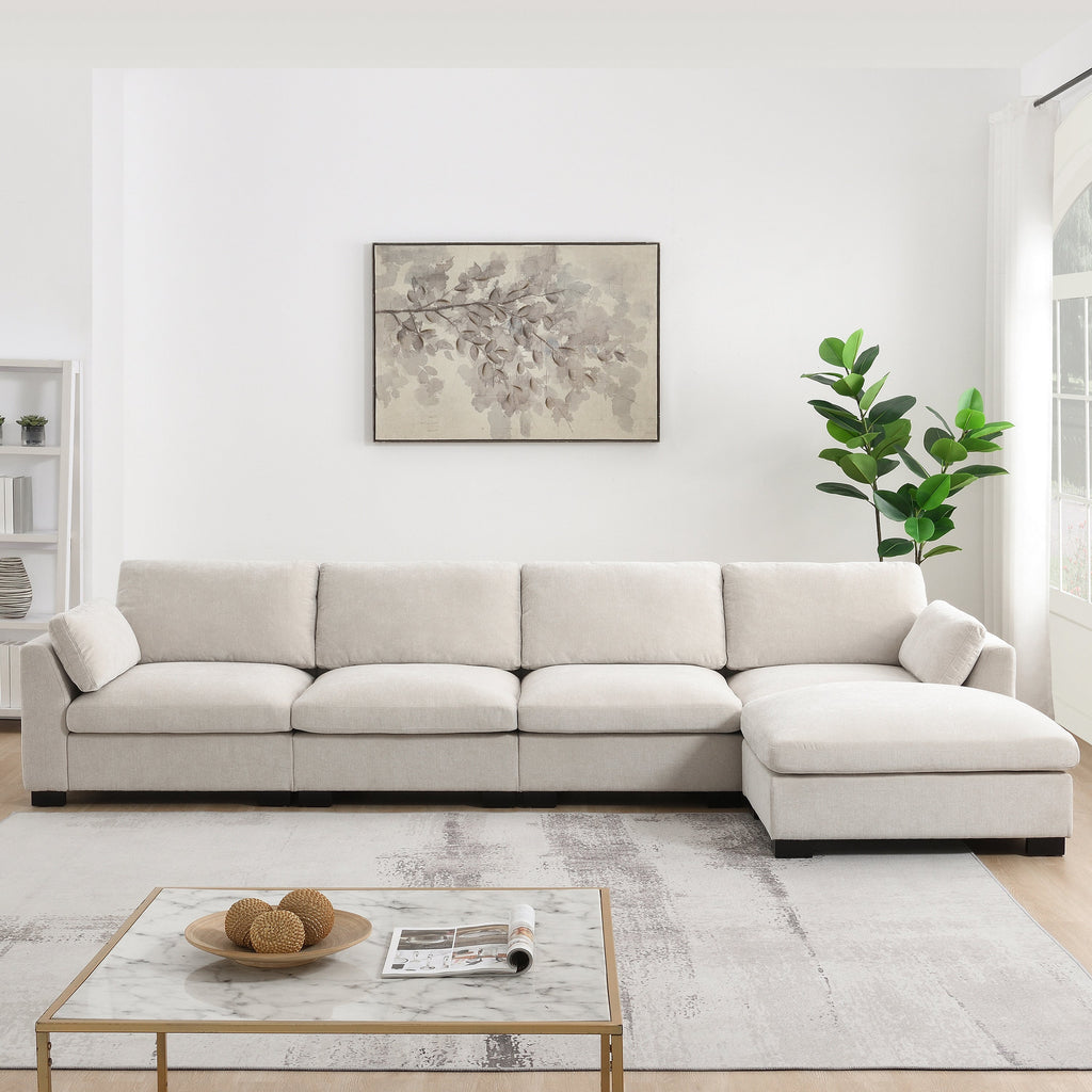[VIDEO]130' Modular Sectional Sofa, L-Shape with Folding Table and Dual-Port Charging, Side Storage Pockets, 2 Armrest Pillows, Free Movement Ottoman, High Density Foam, Chenille, 5 Seat, 2 Colors