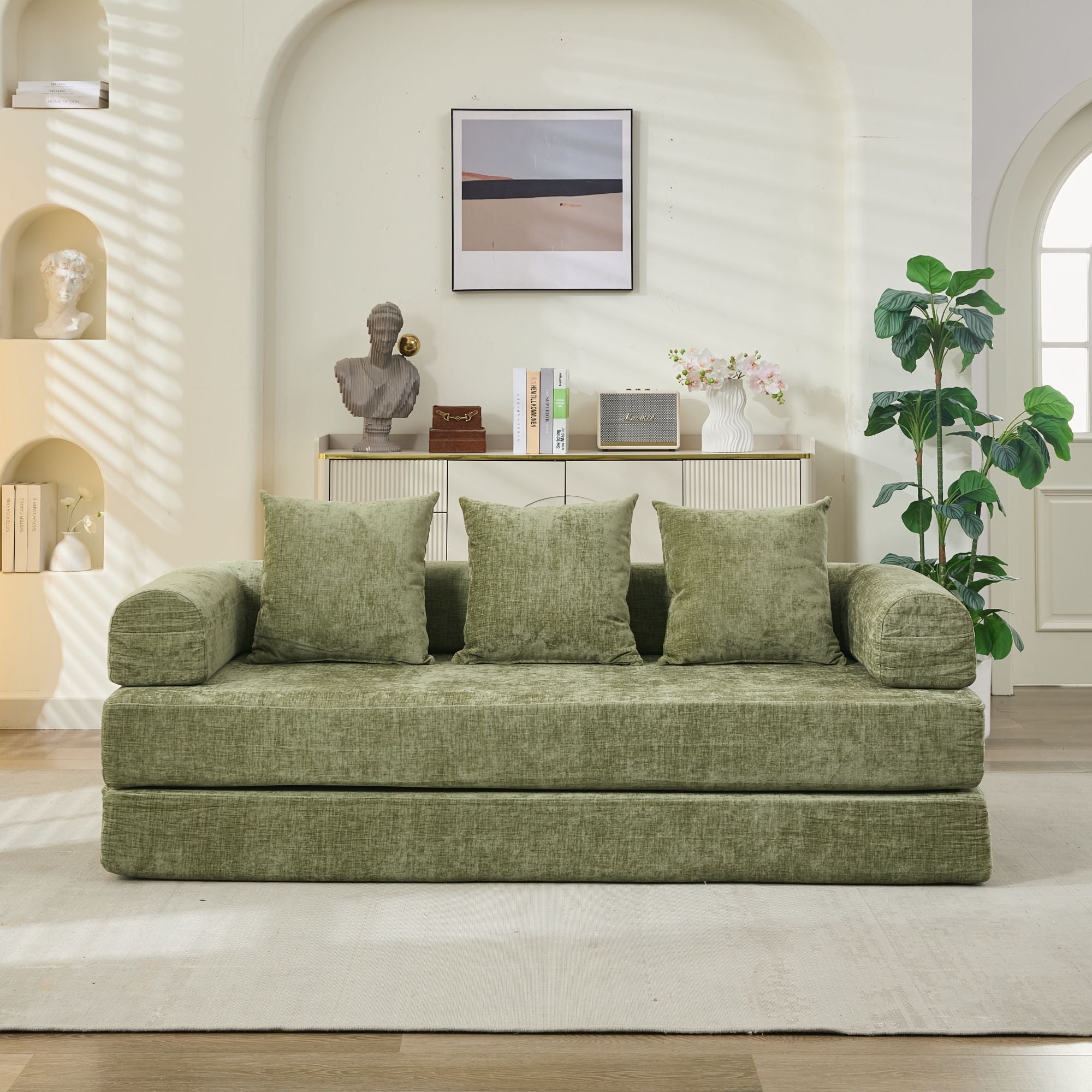 Comfy Convertible Folding Mattress Couch, Floor Sofa Bed, Chenille Floor Sofa with Armrest, Floor Sofa Lounge Couch for Living Room Bedroom Lounge Studio-Green