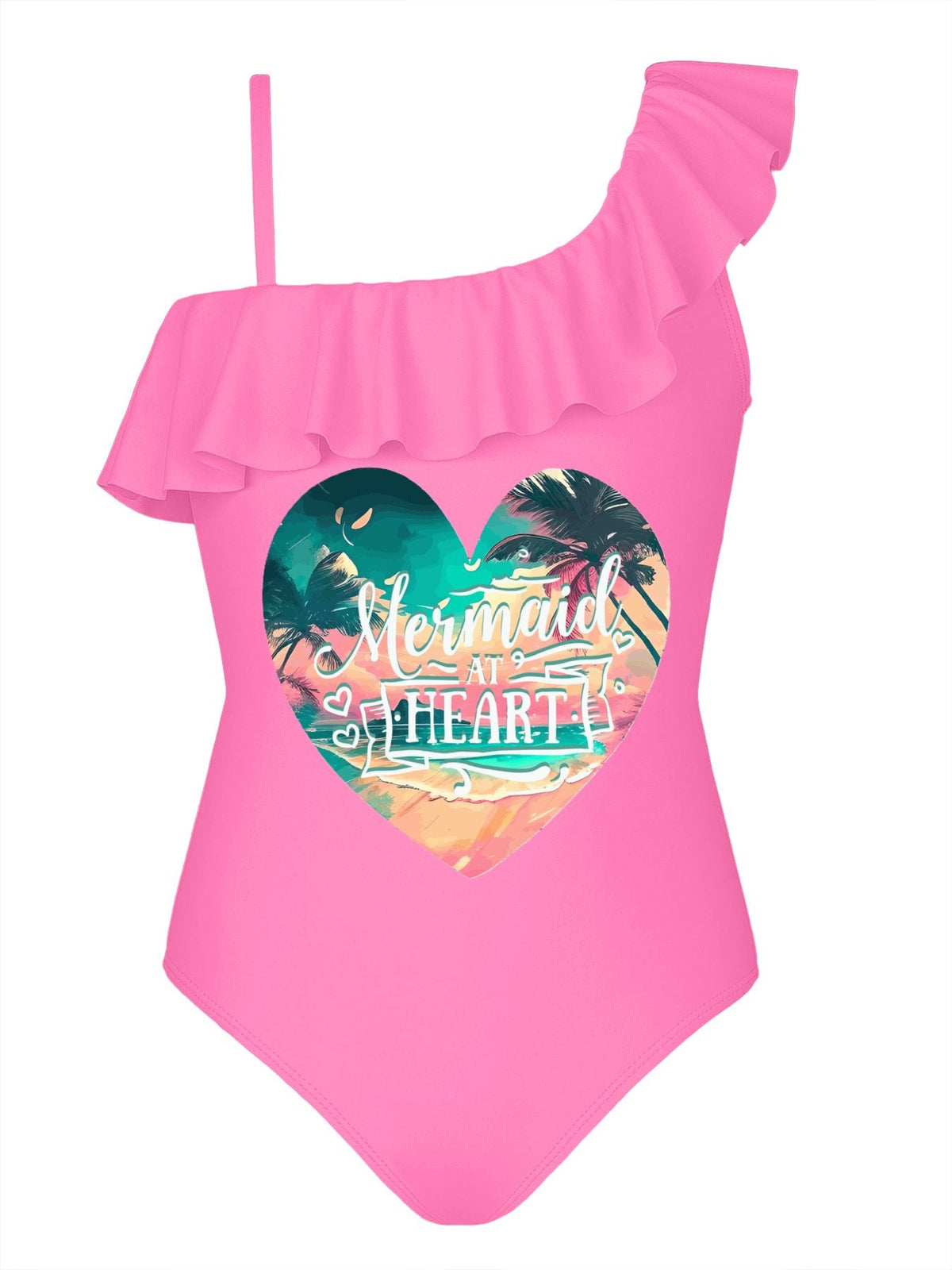 Girl's Mermaid at Heart Ruffled One-Piece Swimsuit (Front Printing)