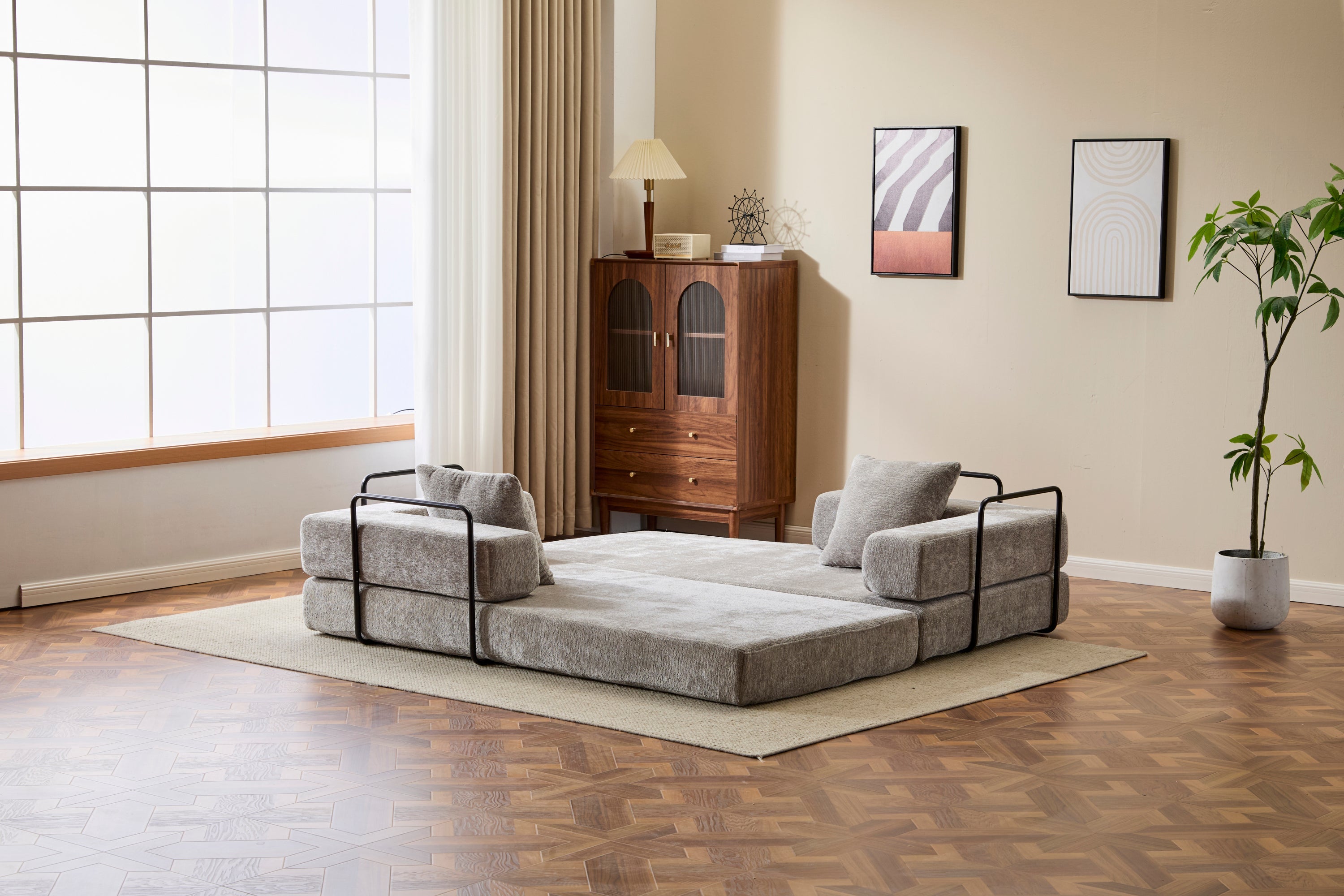 Floor Couch,Compression Sofa,Convertible Floor Sofa Bed-with Pillow Back Support Armrest,Comfy Futon Couch Lounge Sleeper Bed,Chenille fabric,for Living Room Bedroom (LIGHT-GREY)