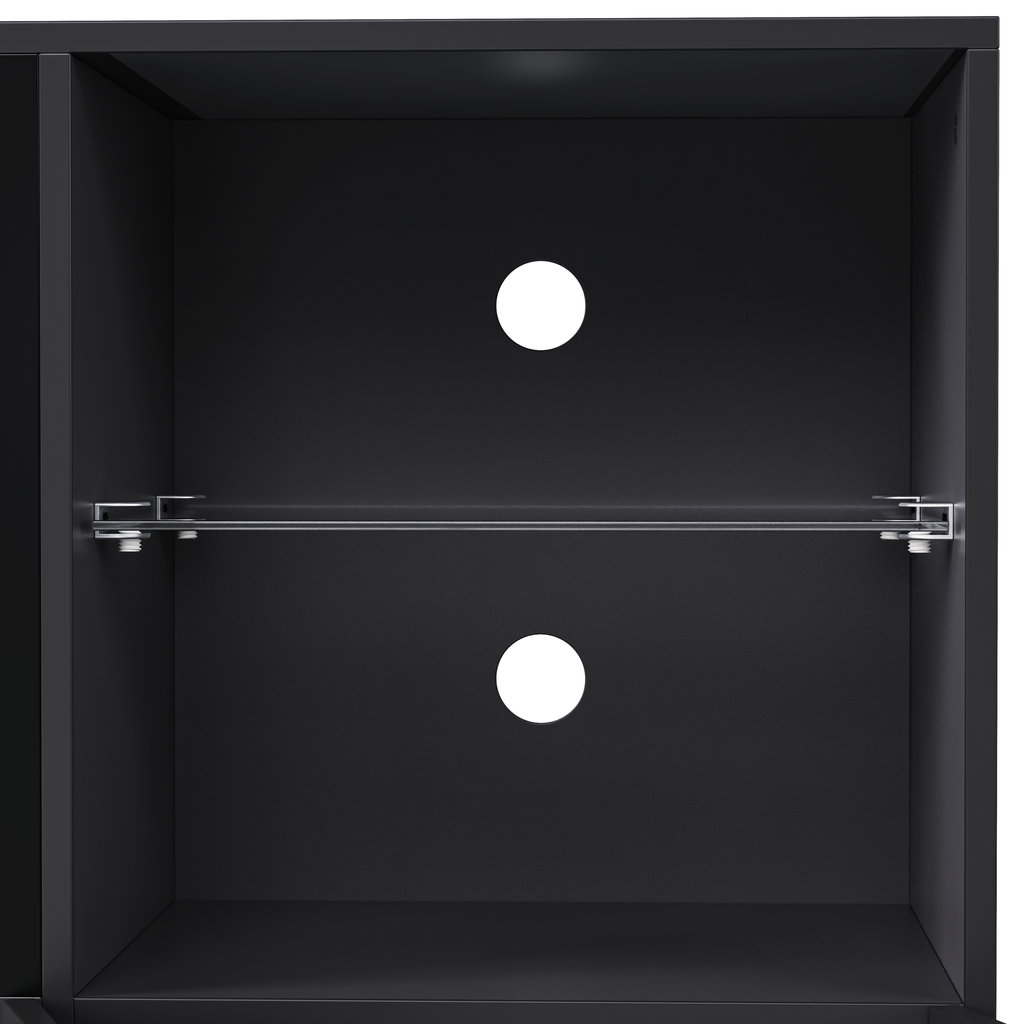 ON-TREND High Gloss TV Stand with LED Lights, Modern Sideboard with Large Storage Cabinet, Media Console with Tempered Glass Shelves for TVs up to 75', Living Room, Black, 67'Wx13.7'D