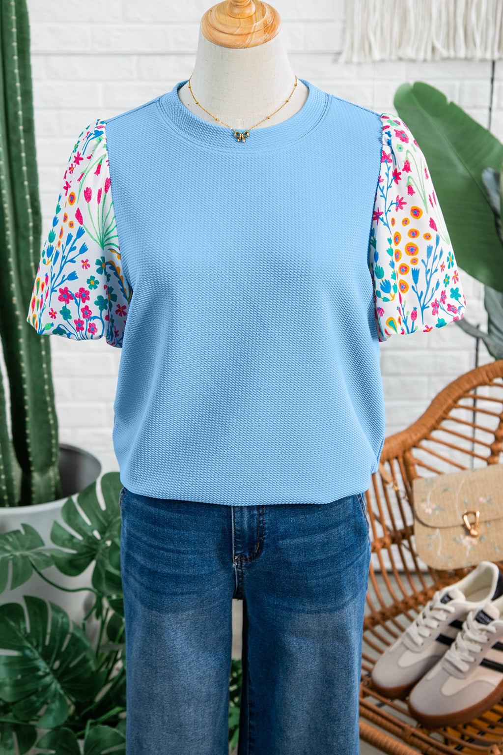 Floral Patchwork Bubble Sleeve Textured Blouse