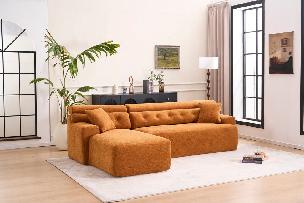 LY-029B Convertible Chaise Sectional Sofa, Full Compression Sponge Modular Couch for Apartment Living Room,Orange 3-Seater with Wood Grain Chenille, 2 Pillows Included, 86'L