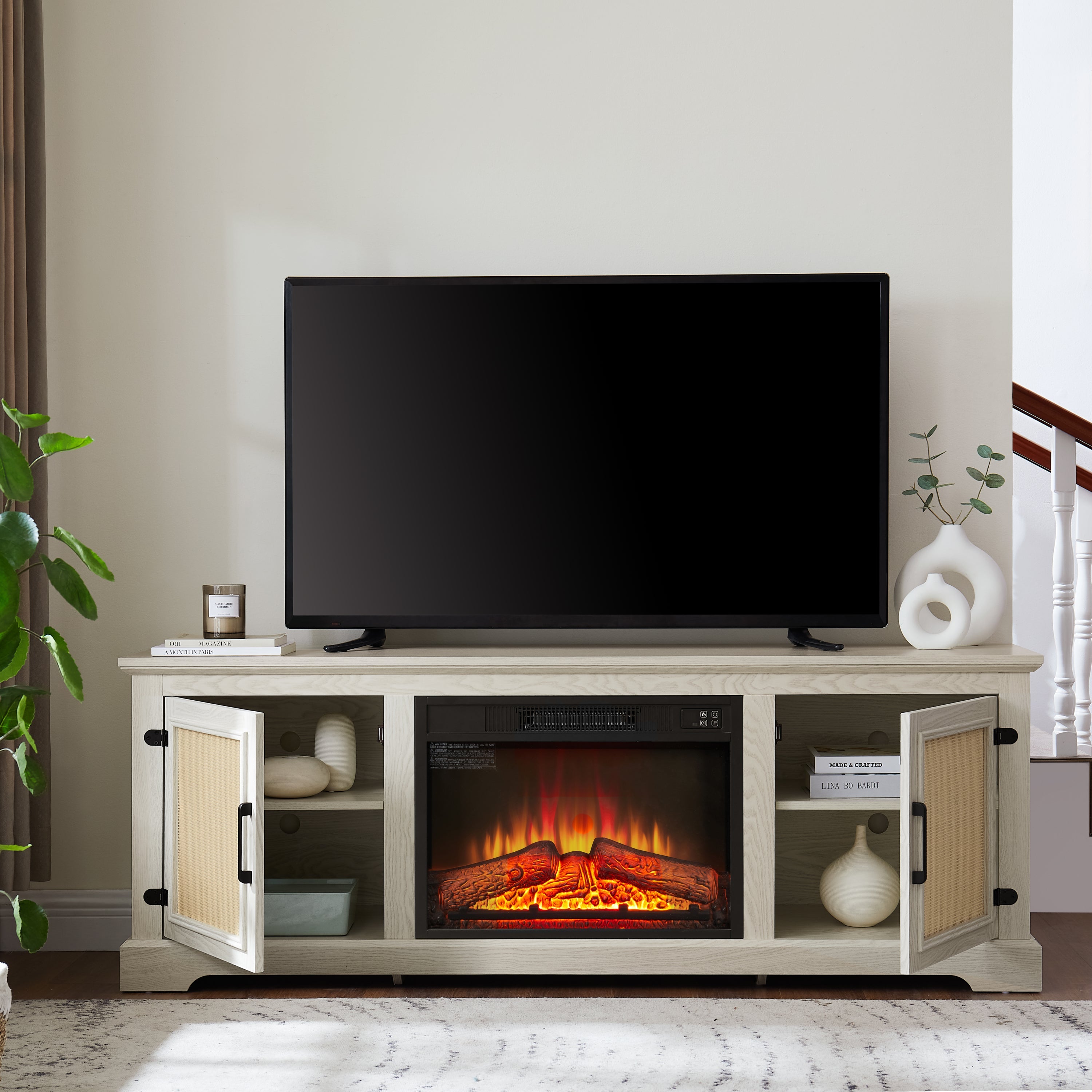 Natural Rattan Door Cabinet with Adjustable Shelf Wood, Farmhouse Rattan TV Stand Console Table for TVs up to 70 Inches, Storage tv stand with 23' fireplace insert, 65'W*15.55'D*23.86'H, White