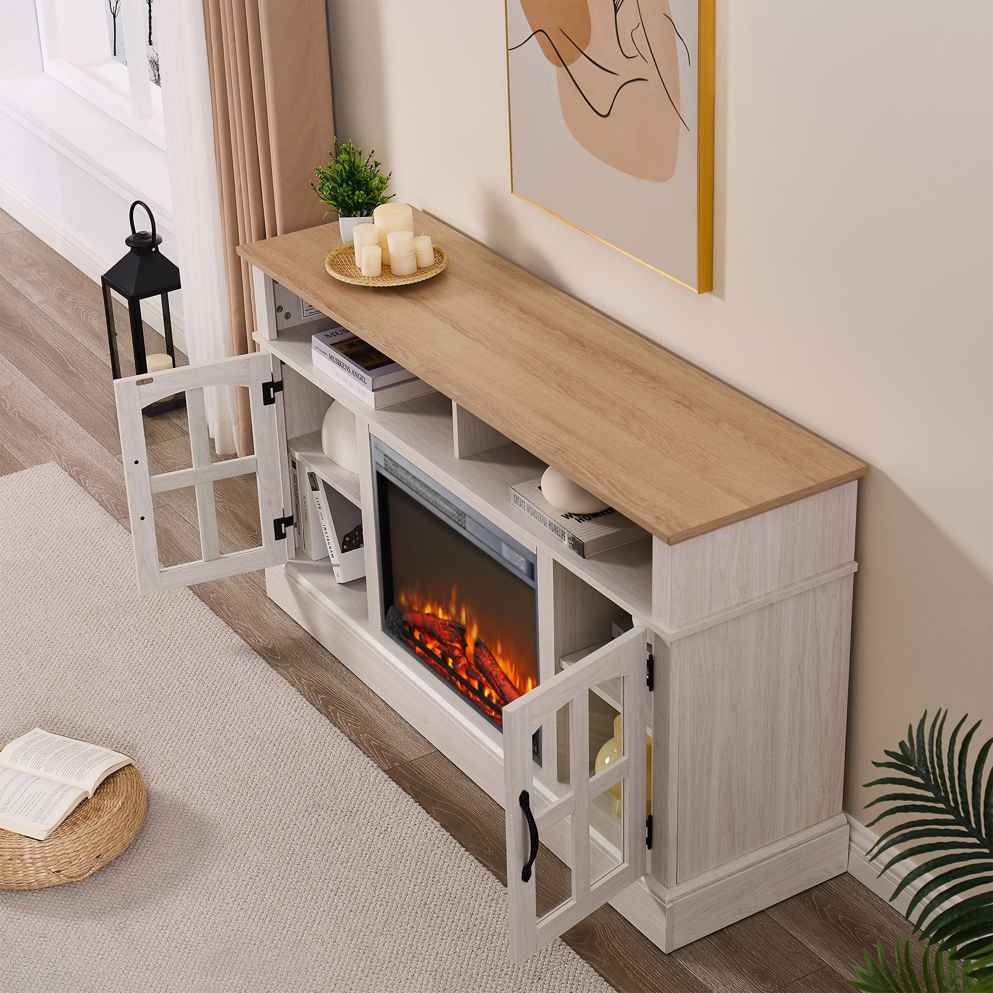 58' Fireplace TV Stand, Entertainment Center with 23' Electric Fireplace, TV Table for TVs up to 70 Inch, Media Console Cabinet with Storage and Glass Doors for Living Room