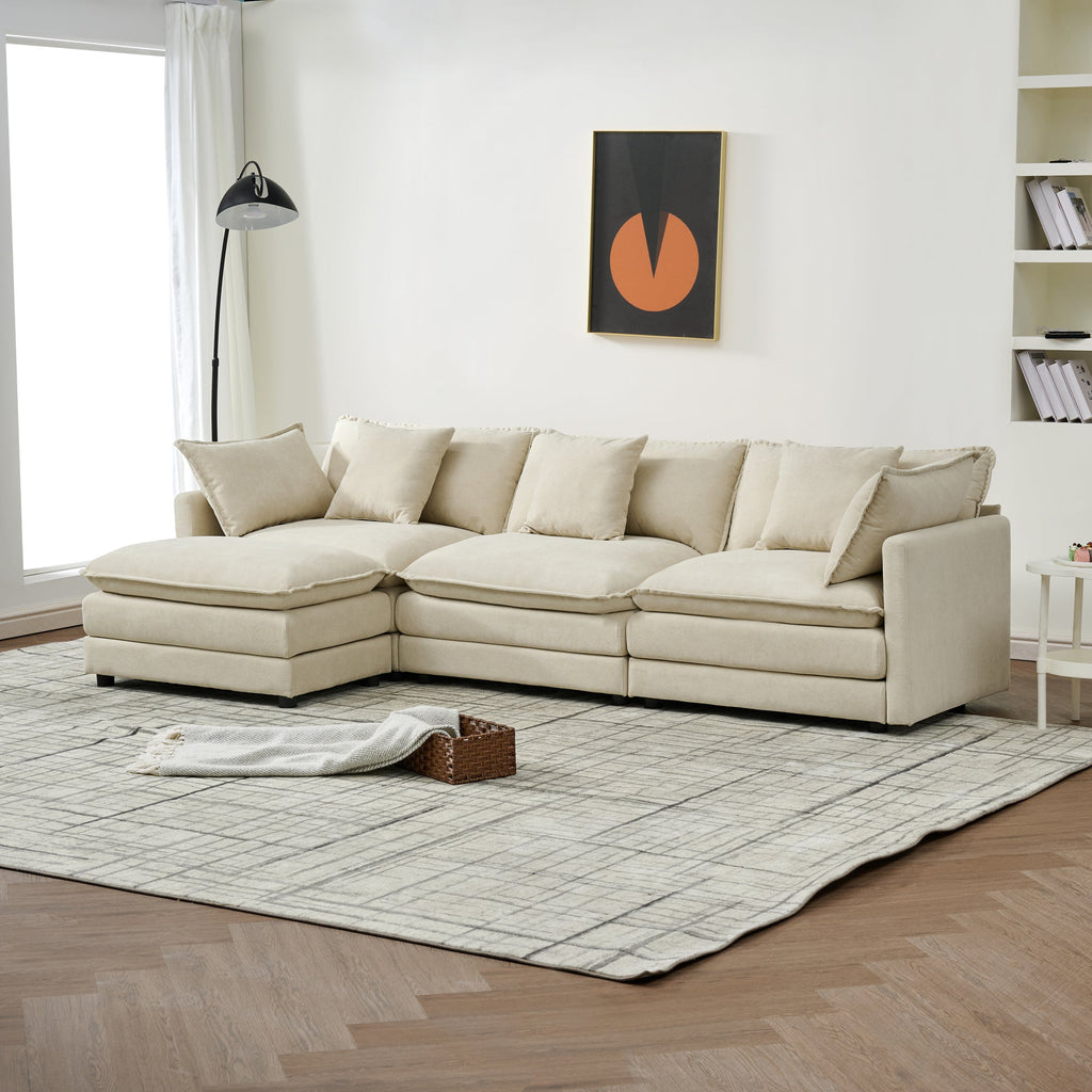 Modular Ottoman-Style Deep Seat Chenille Sofa with Cushions, Off-White, 110-Inch L-Shaped