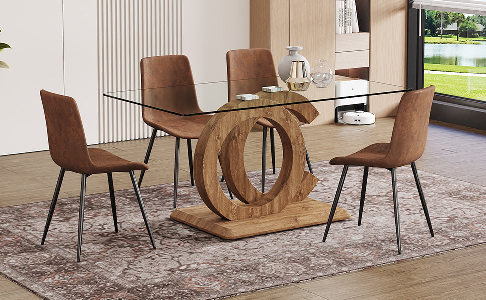 1 table and 4 chairs set.63'x35.4x30' Rectangular Transprant Tempered glass Dining Tabletop with Wood color MDF OC shaped bracket.Paired with 4 brown technology fabric dining chairs.W1151S02014
