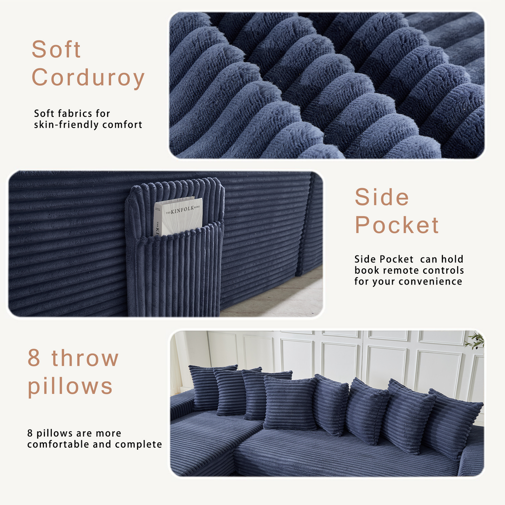 [NEW ARRIVED] [VIDEO PROVIDED]   Oversize Cloud Couch, L-Shape Sofa, Convertible Floor Sleeper Sofa Bed,  No Assembly ,Eight  pillows,3-in-1,Side Pocket,(Left Facing Sofa),3 Seat,Corduroy,Blue