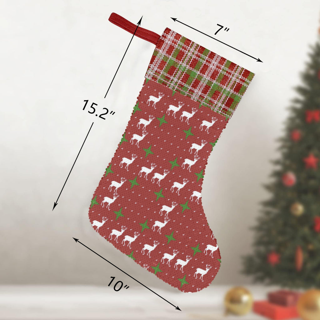 Red Christmas Deer Pattern Sequin Christmas Stocking (Made in USA)