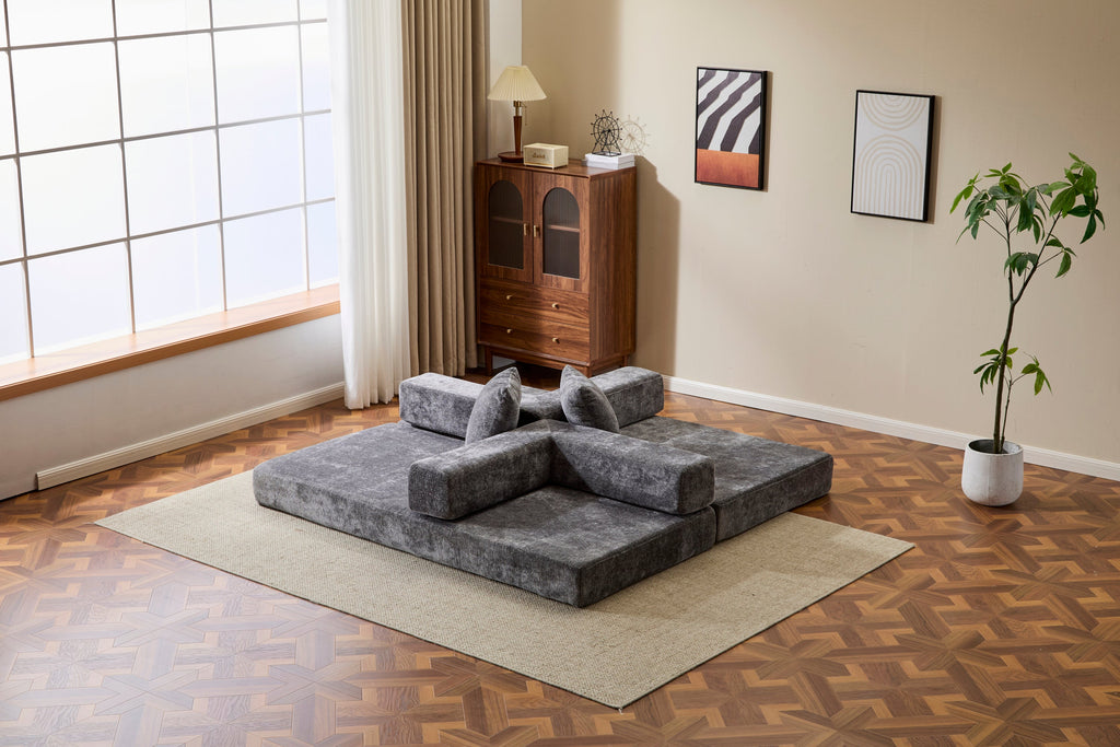 Floor Couch,Compression Sofa,Convertible Floor Sofa Bed-with Pillow Back Support Armrest,Comfy Futon Couch Lounge Sleeper Bed,Chenile fabric,for Living Room Bedroom (DARK-GREY)